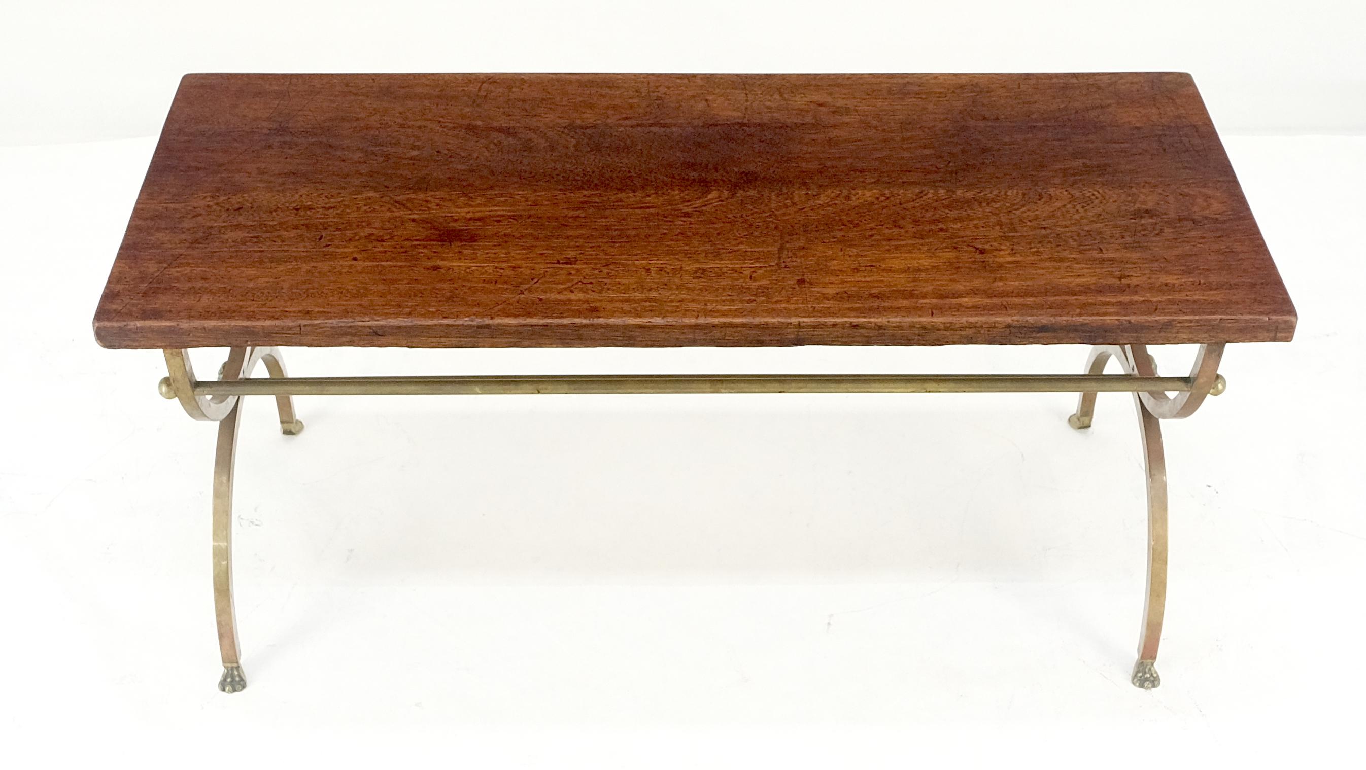 Mid-Century Modern 1920s Petit Small Solid Brass Base Claw Feet Oak Top Rectangle Coffee Table NICE For Sale