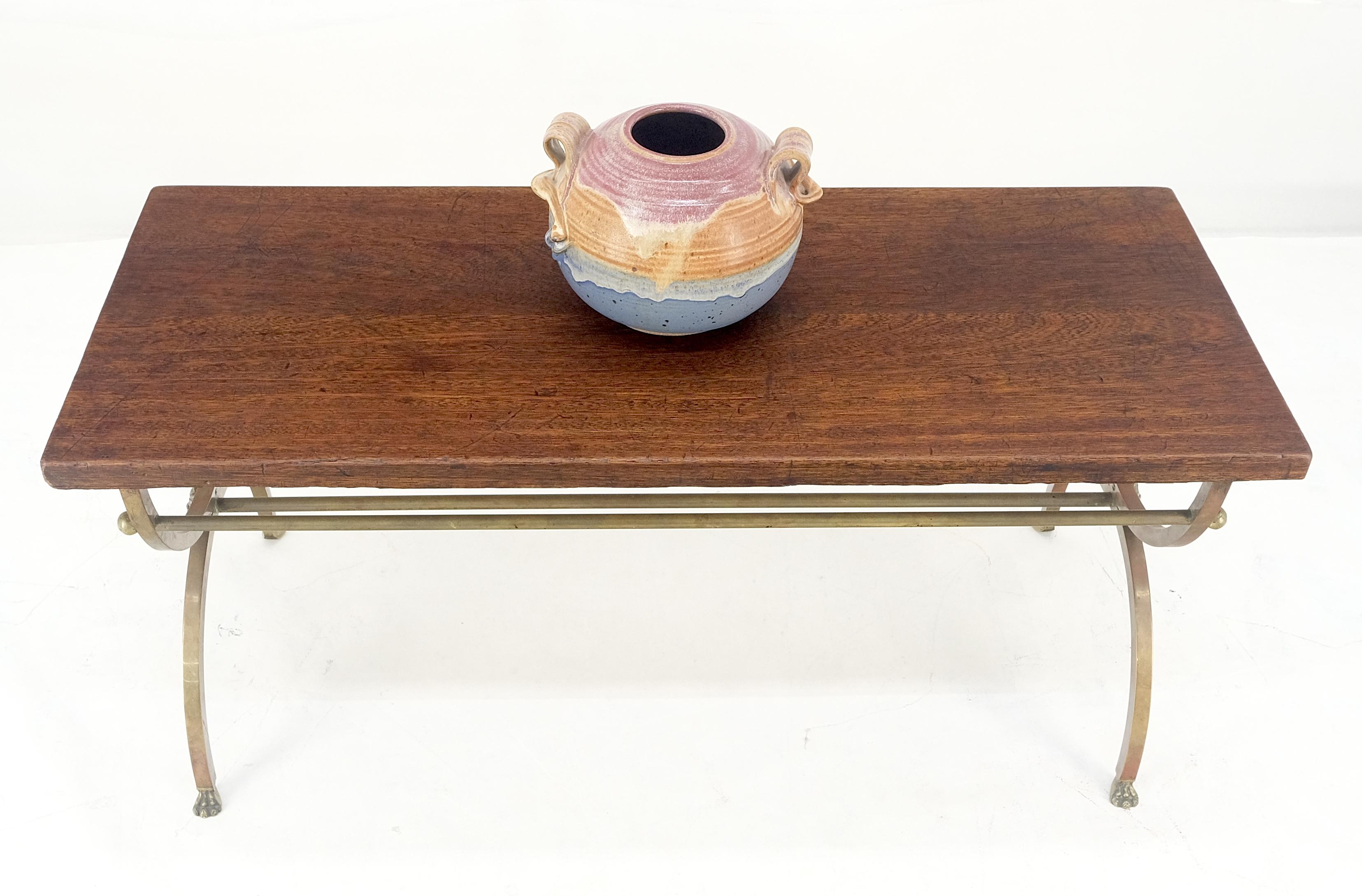 Italian 1920s Petit Small Solid Brass Base Claw Feet Oak Top Rectangle Coffee Table NICE For Sale