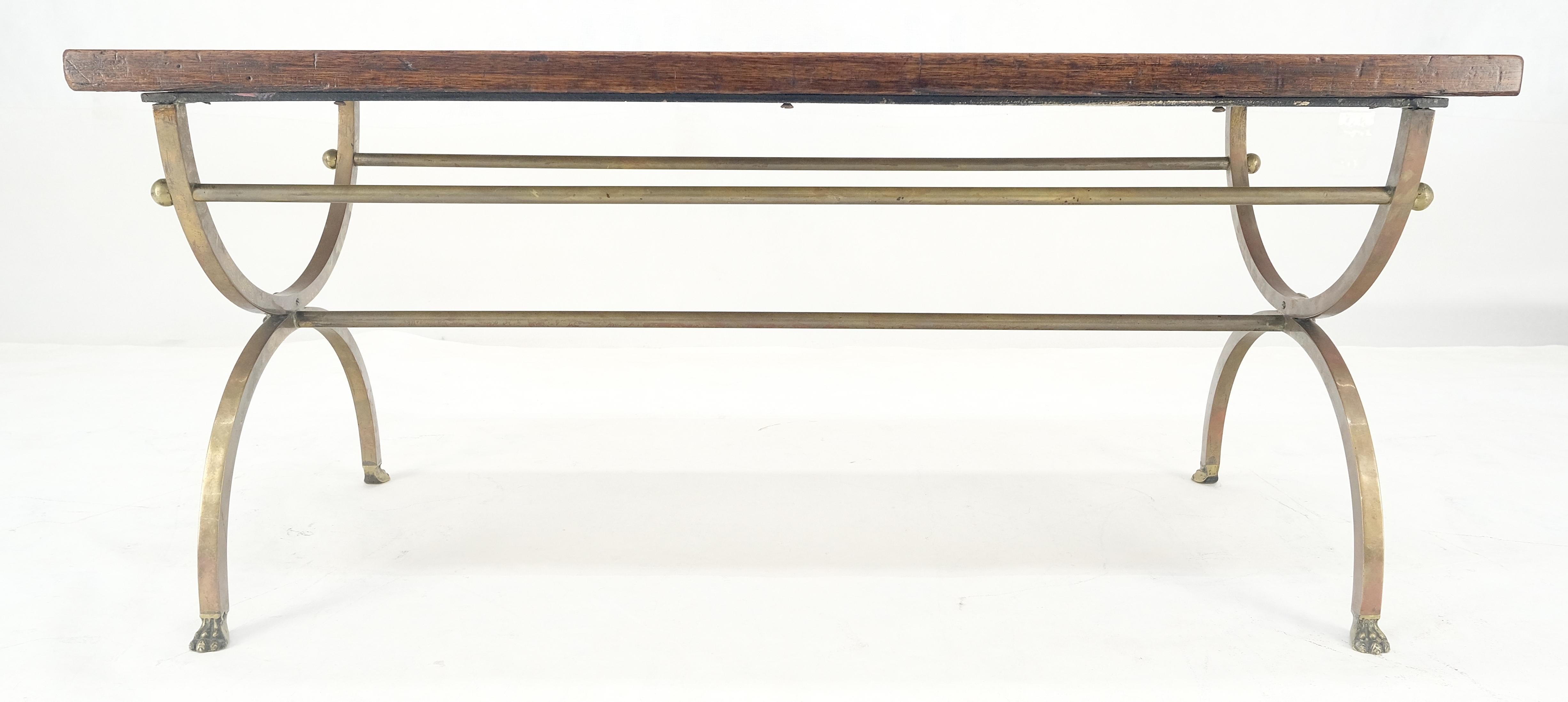 20th Century 1920s Petit Small Solid Brass Base Claw Feet Oak Top Rectangle Coffee Table NICE For Sale