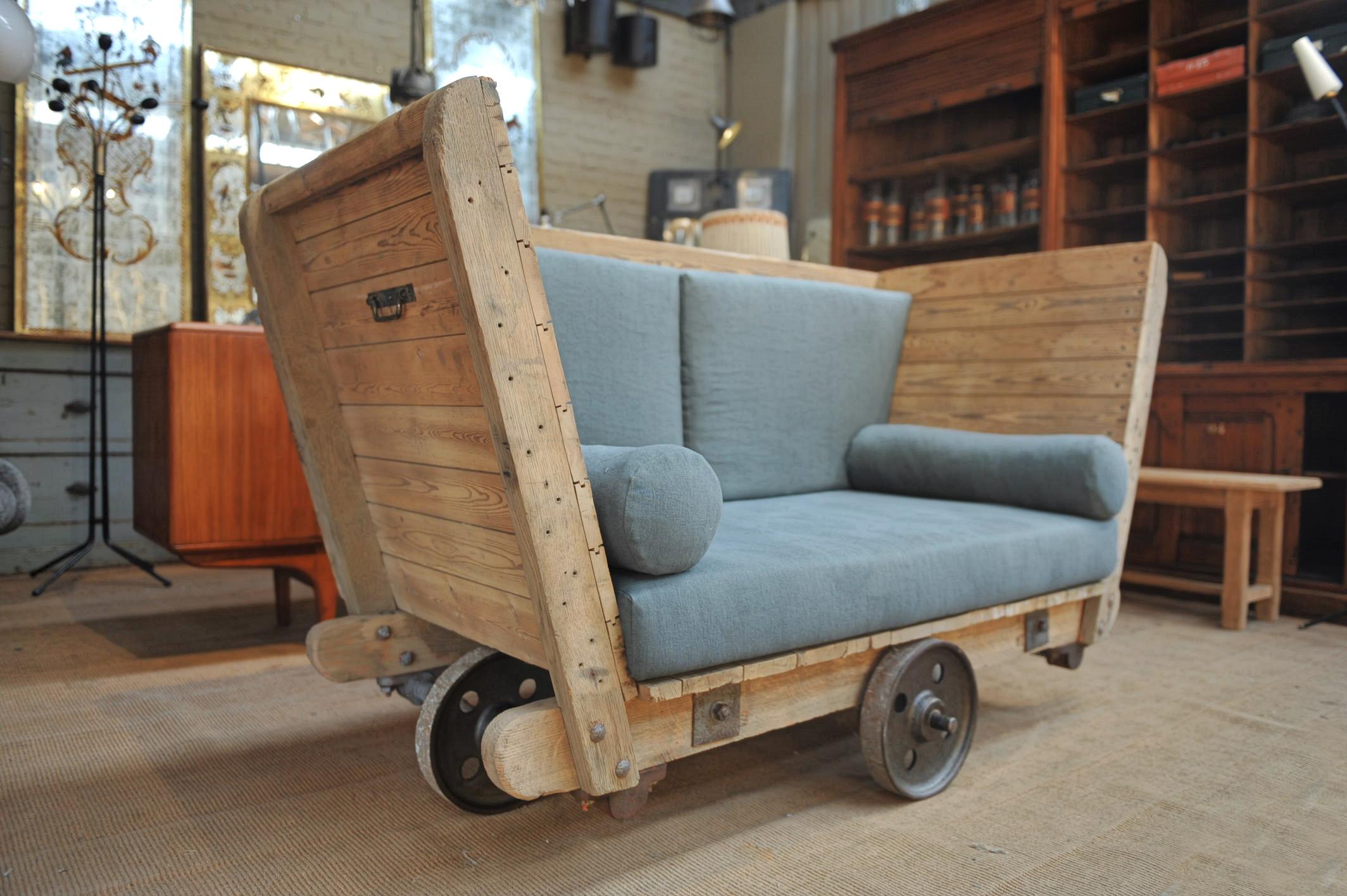 1920s Pine and Metal Wheels Trolley in Reupholstered in Sofa 1