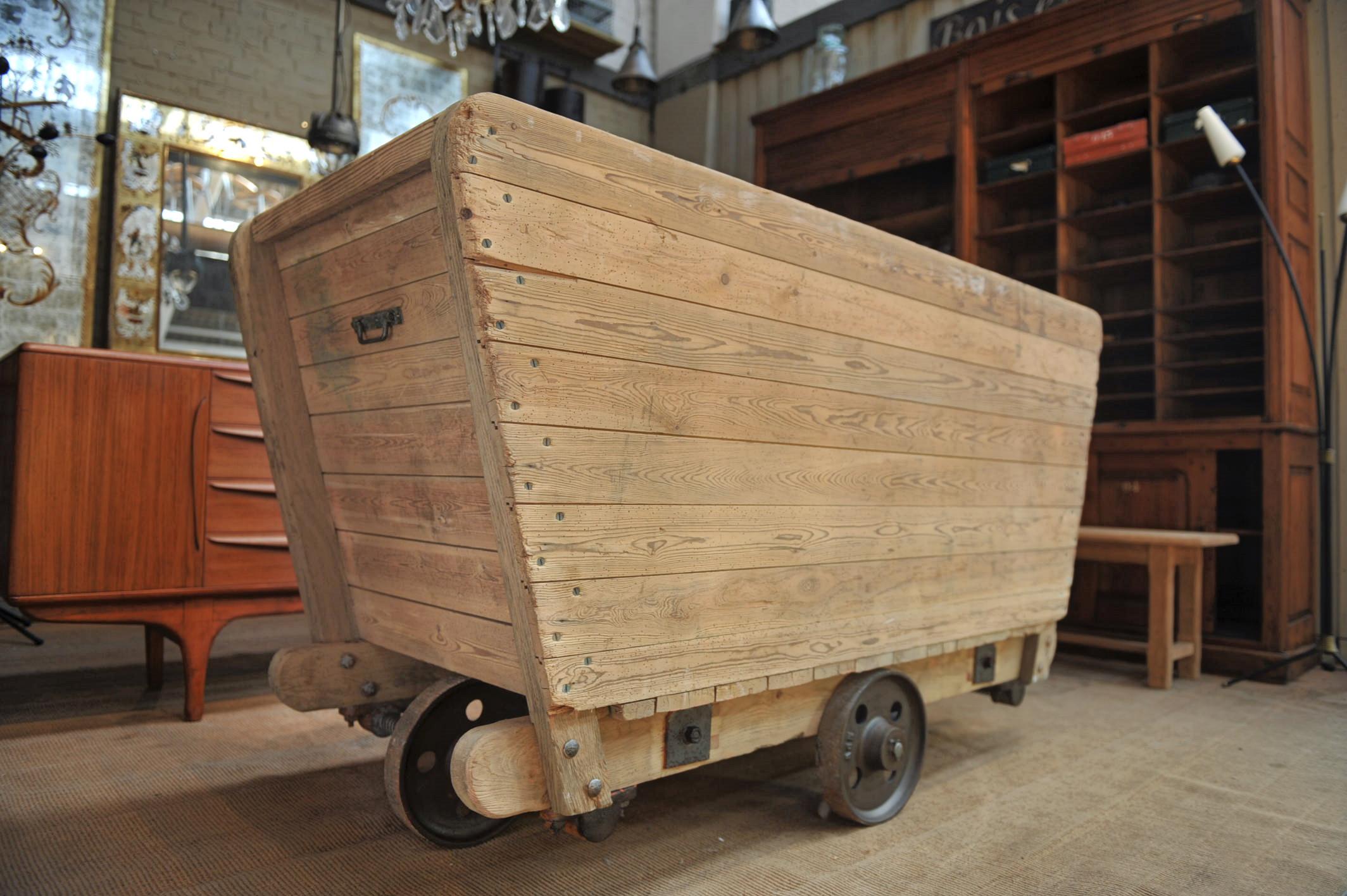 Industrial 1920s Pine and Metal Wheels Trolley in Reupholstered in Sofa