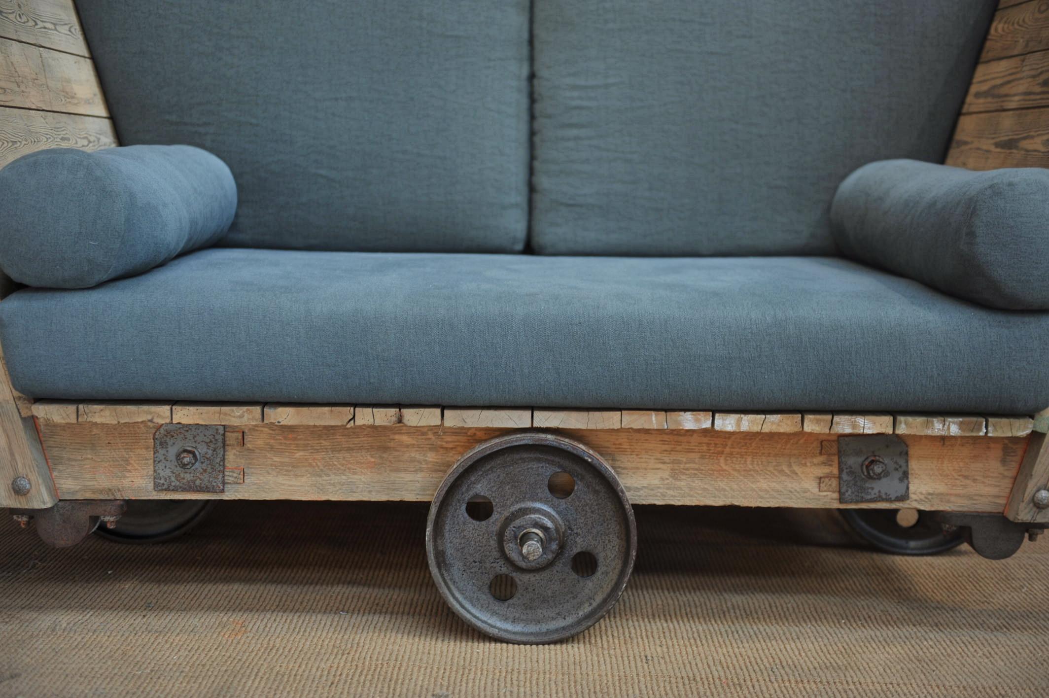 European 1920s Pine and Metal Wheels Trolley in Reupholstered in Sofa