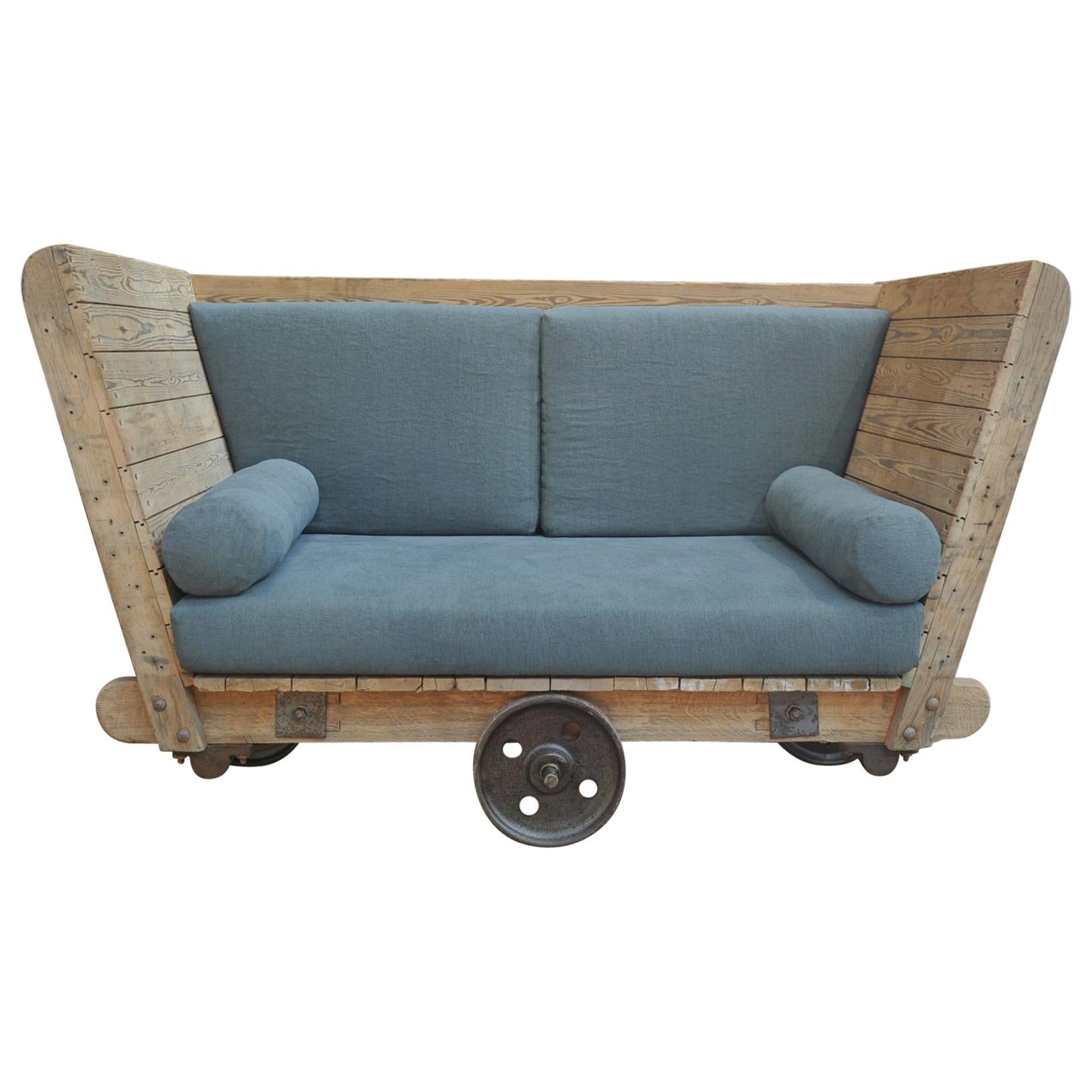 1920s Pine and Metal Wheels Trolley in Reupholstered in Sofa