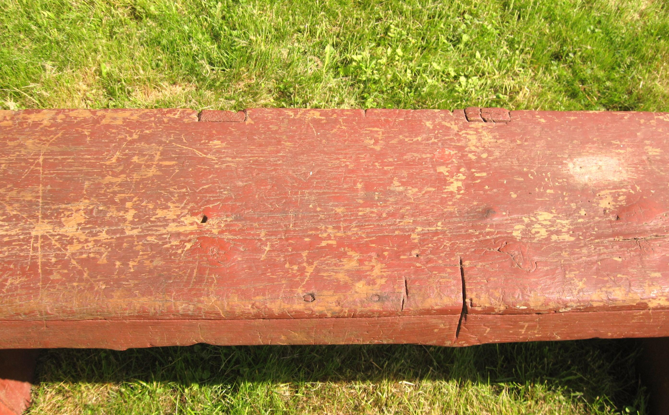 Primitive 1920s Pine Bench in Great Original Barn Red Paint For Sale