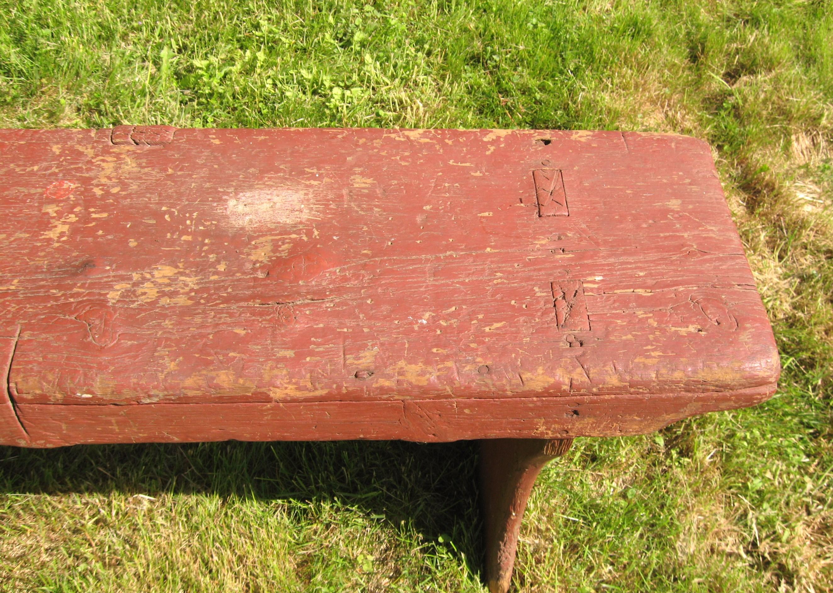 American 1920s Pine Bench in Great Original Barn Red Paint For Sale