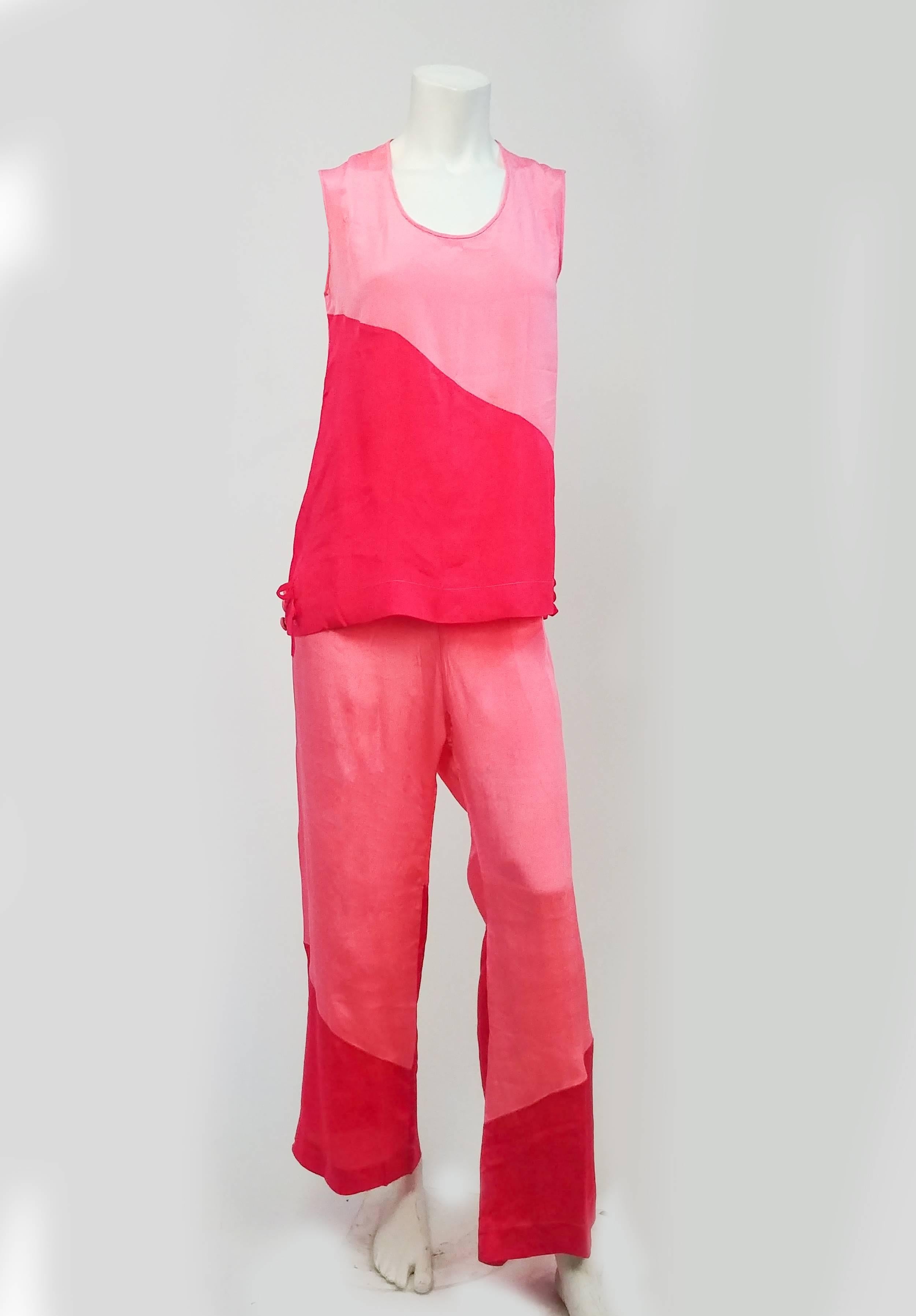 1920s Pink Colorblock Three Piece Lounge Set. Silk three-piece pajama set. Built in scarf on jacket. Sleeveless top with loose-fitting pants. 