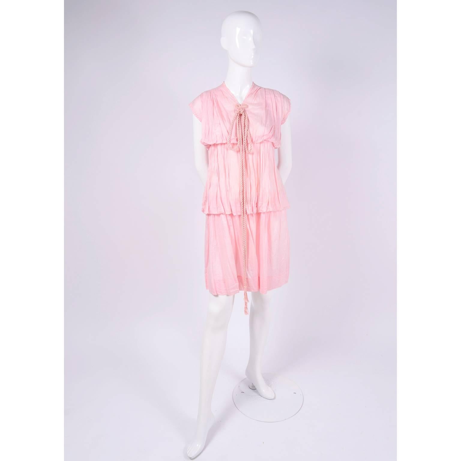 1920s Vintage Pink Dress in Grecian Style Fine Cotton Voile With Satin Rope Cord In Excellent Condition For Sale In Portland, OR