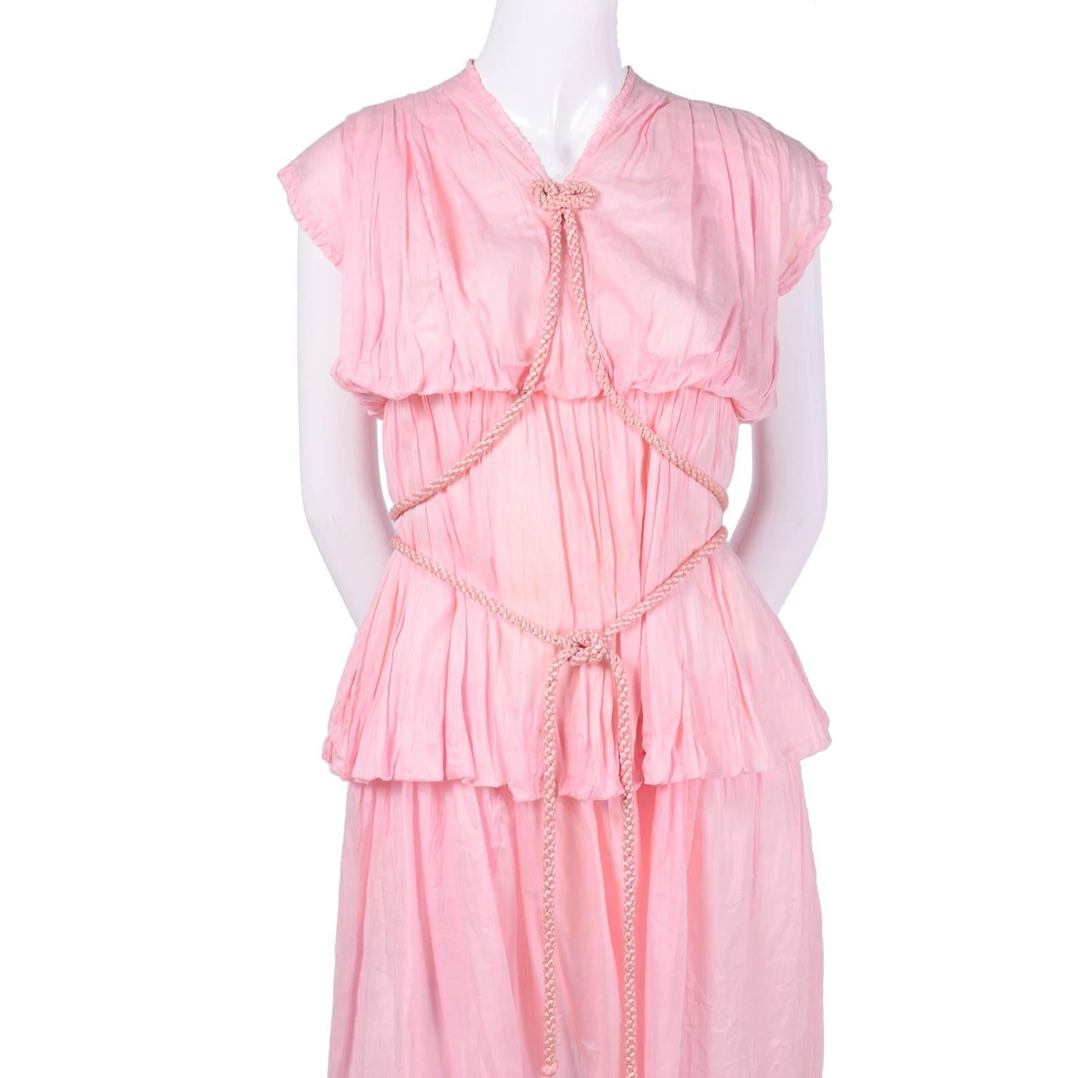 Women's 1920s Vintage Pink Dress in Grecian Style Fine Cotton Voile With Satin Rope Cord For Sale