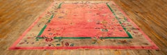 1920s Pink Floral Open Field Modernist Knotted Wool Antique Chinese Art Deco Rug