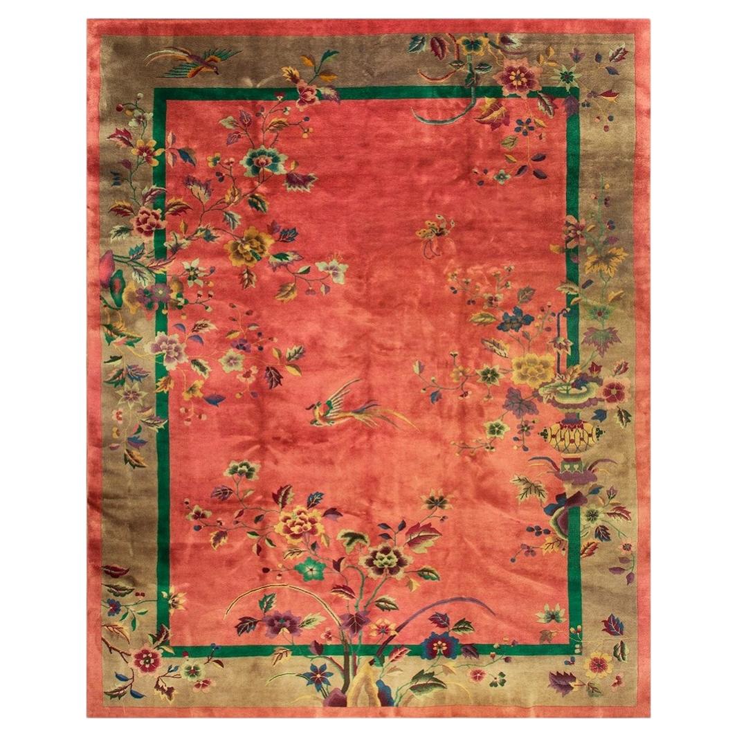 1920s Pink Floral Open Field Modernist Knotted Wool Antique Chinese Art Deco Rug
