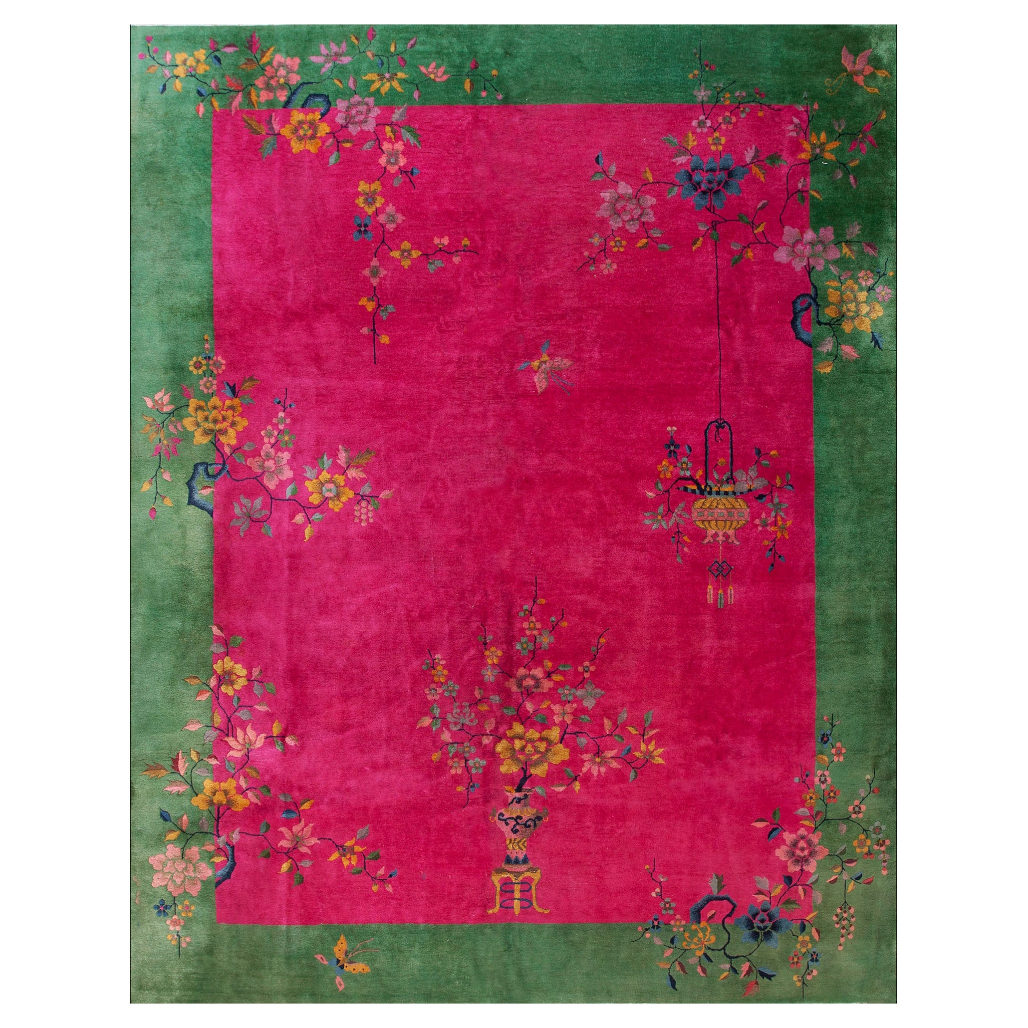 1920s Pink Fuchsia Green Floral Vase Chinese Art Deco Rug 9
x11
6
Wool Carpet