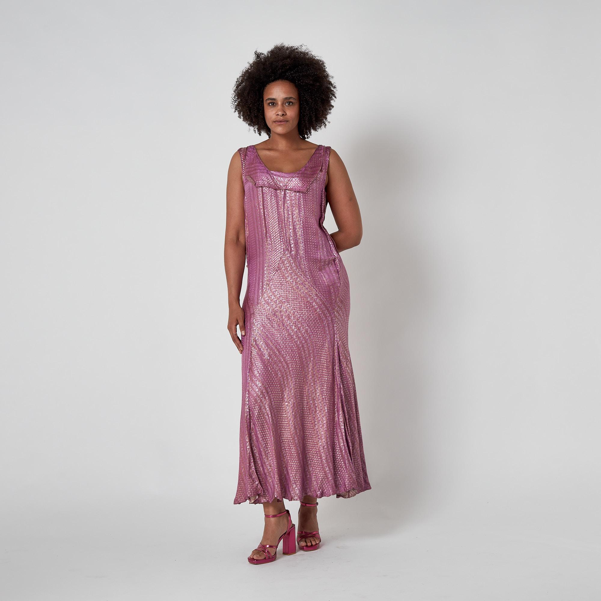 1920s Pink Full Length Lamé Flapper Dress For Sale 1