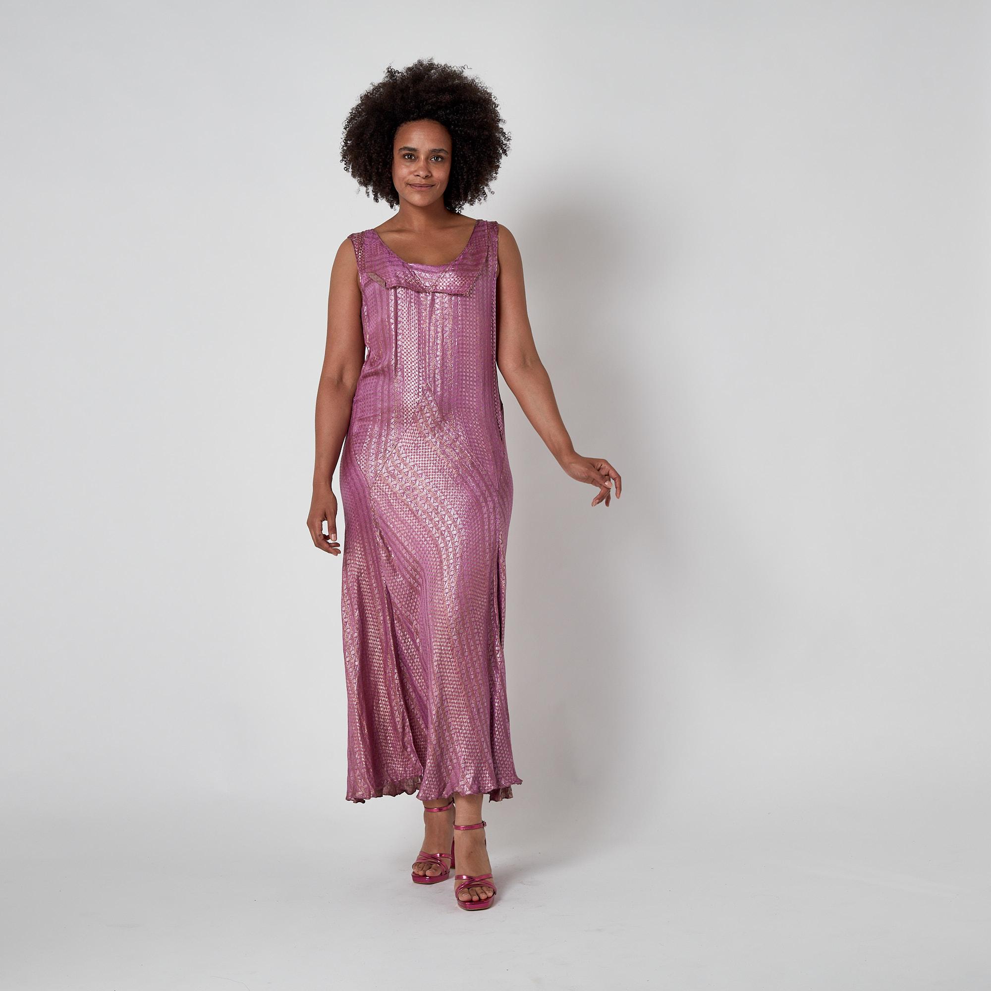 1920s Pink Full Length Lamé Flapper Dress For Sale 2