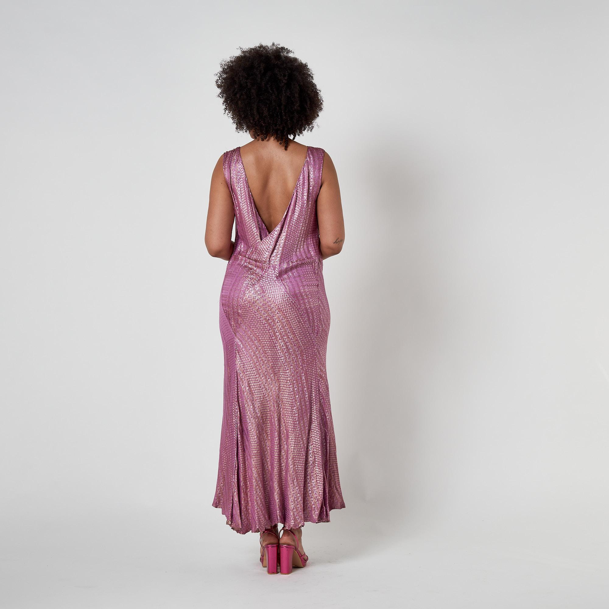 1920s Pink Full Length Lamé Flapper Dress For Sale 3