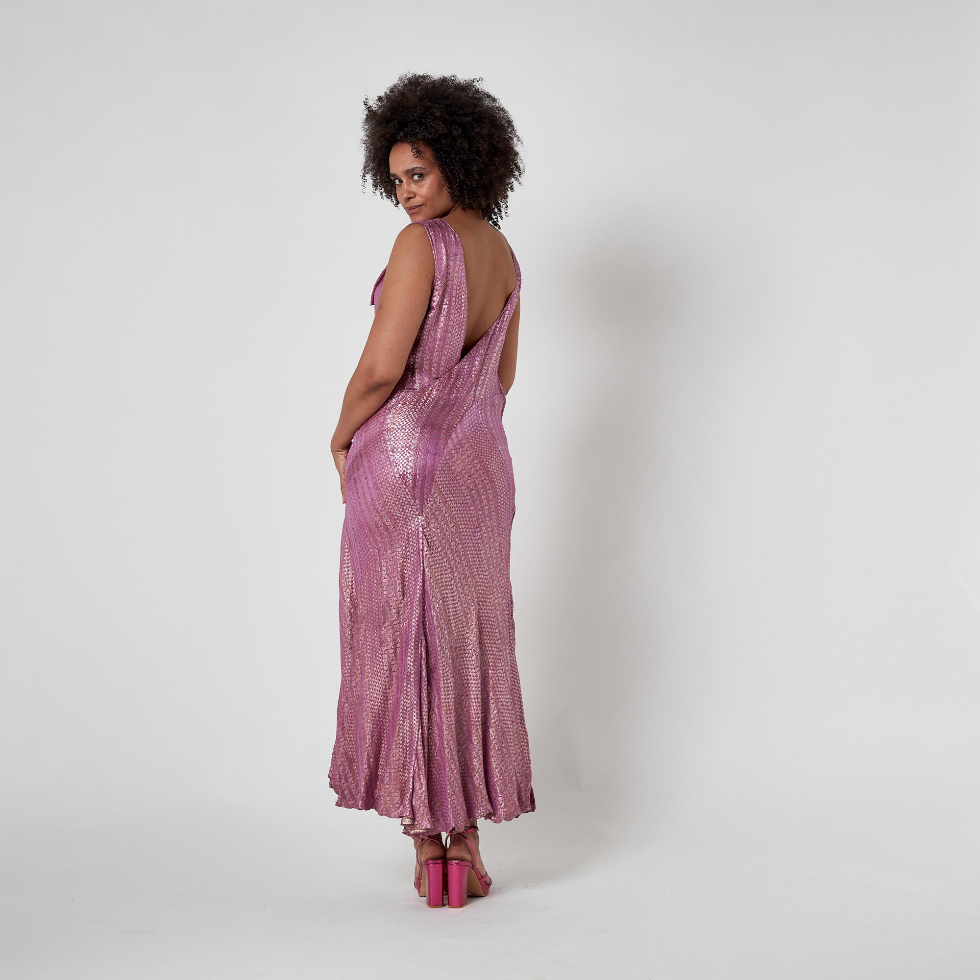 1920s Pink Full Length Lamé Flapper Dress For Sale 4