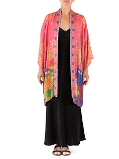 1920S Pink & Peach Silk Lightweight Gloral Kimono Dressing Robe