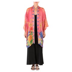 Antique 1920S Pink & Peach Silk Lightweight Gloral Kimono Dressing Robe