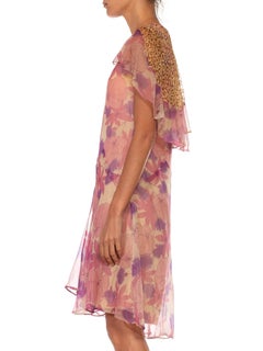 1920S Pink & Purple Silk Chiffon Floral Back Lace Cape Dress