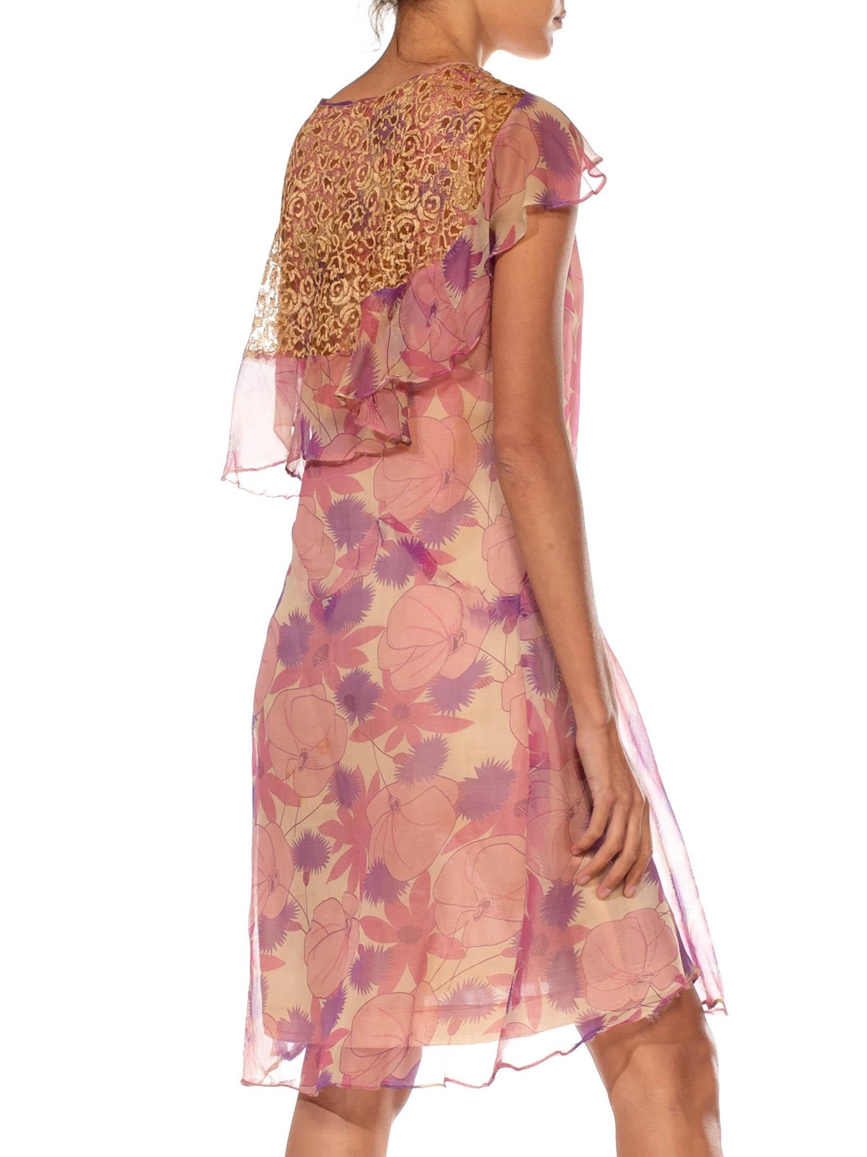 1920S Pink & Purple Silk Chiffon Floral Back Lace Cape Dress In Excellent Condition For Sale In New York, NY