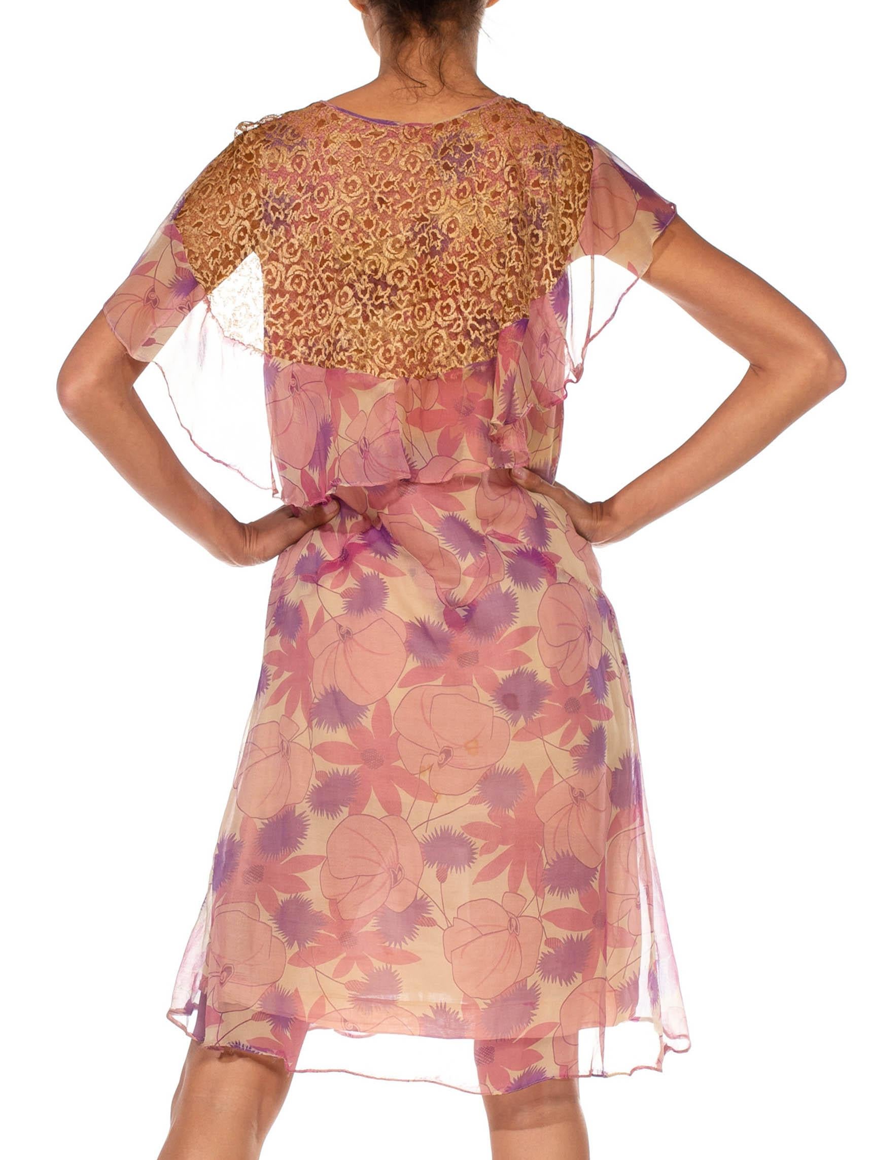 Women's 1920S Pink & Purple Silk Chiffon Floral Back Lace Cape Dress For Sale