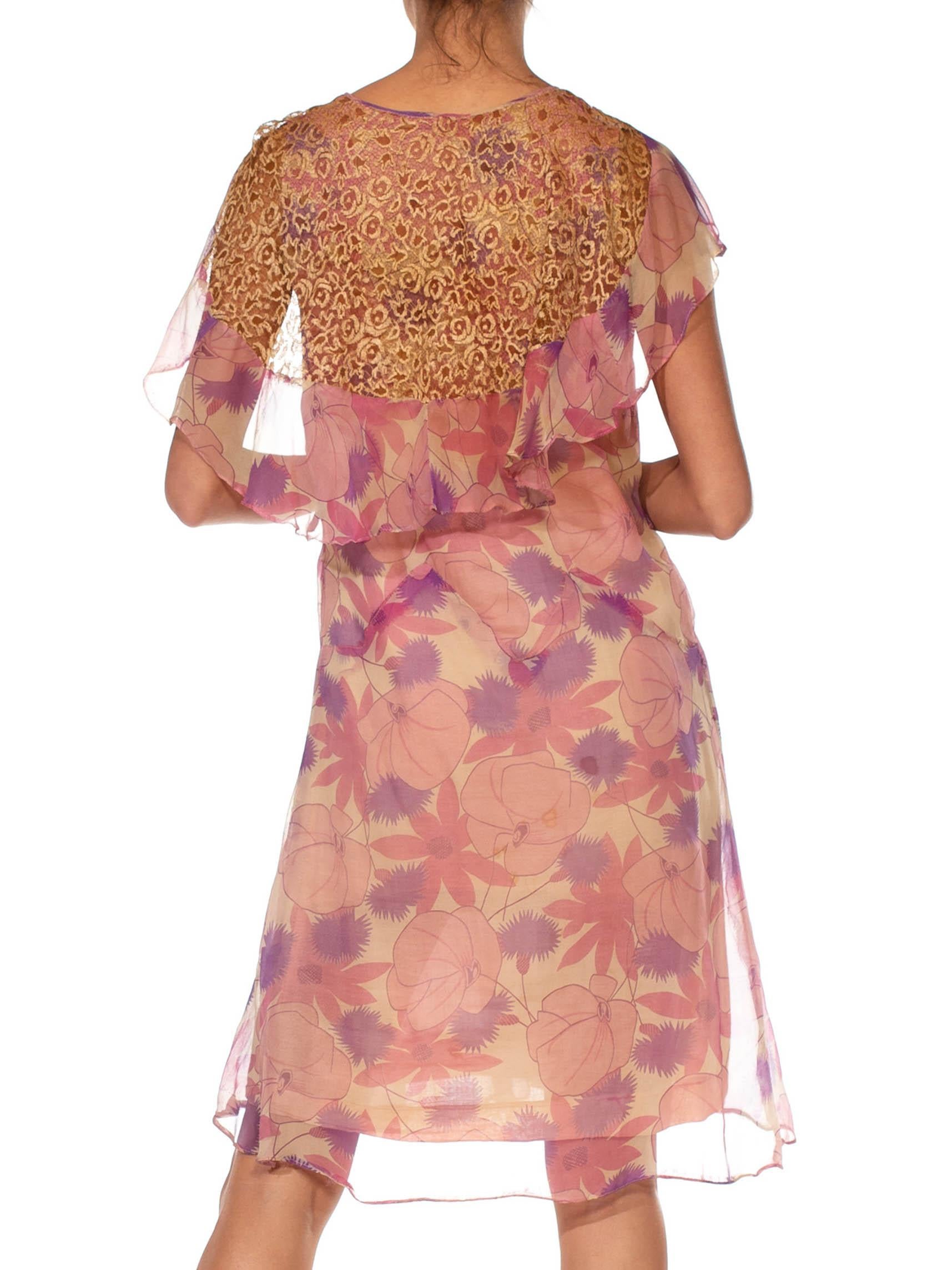 1920S Pink & Purple Silk Chiffon Floral Back Lace Cape Dress For Sale 1