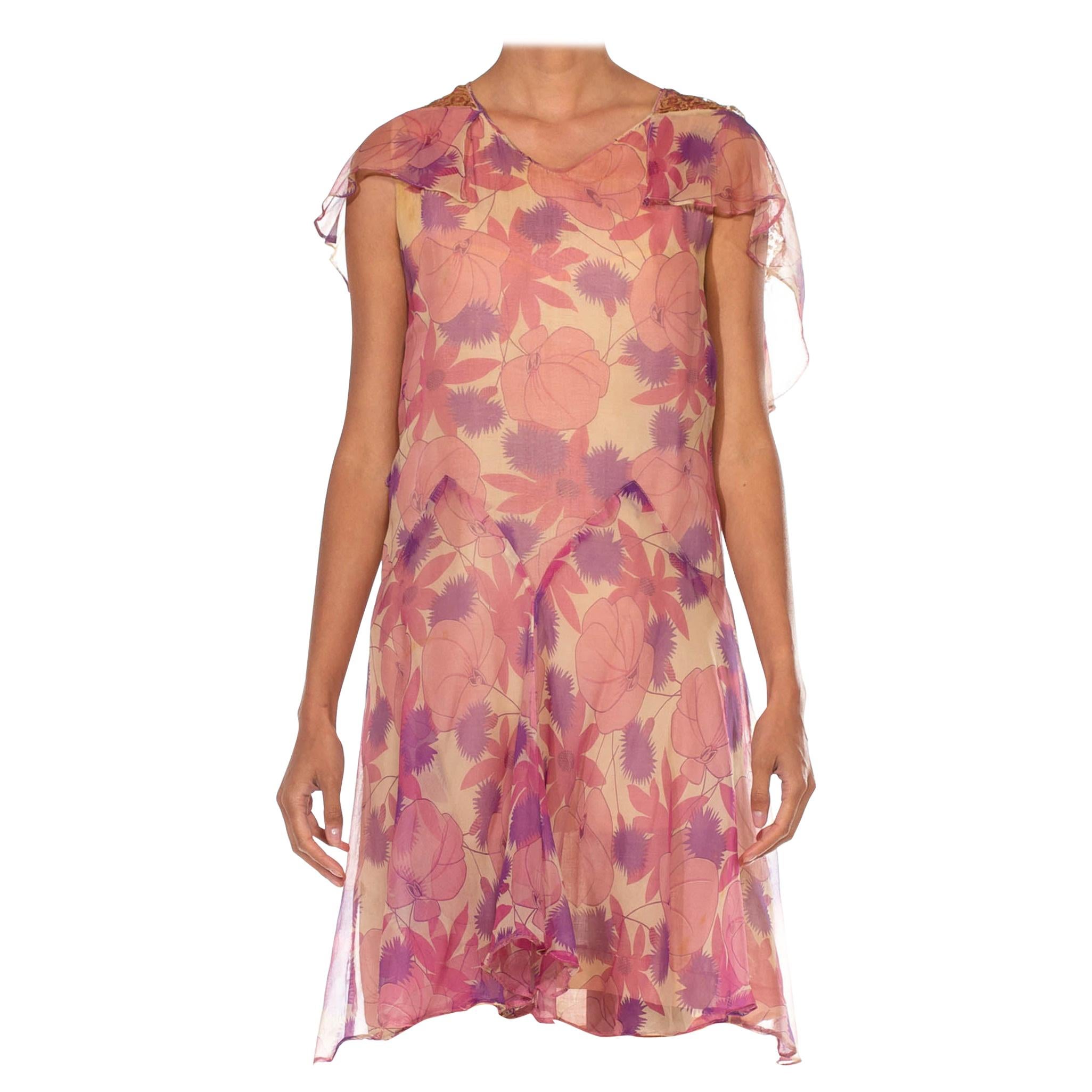 1920S Pink & Purple Silk Chiffon Floral Back Lace Cape Dress