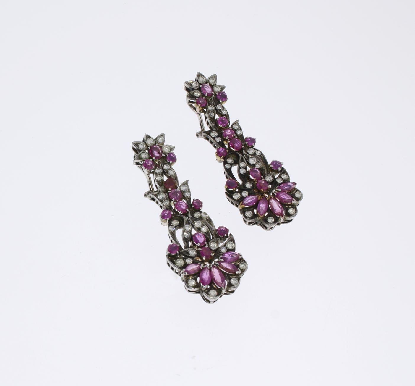 Art Nouveau 1920s Pink Sapphire Diamond Silver Dangle Earrings For Sale