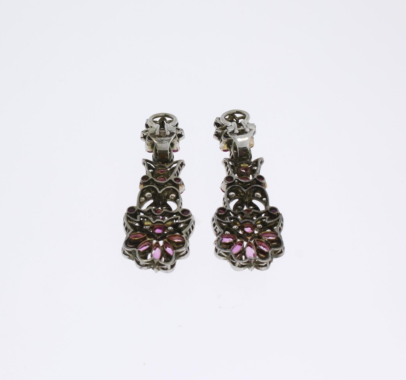 Mixed Cut 1920s Pink Sapphire Diamond Silver Dangle Earrings For Sale