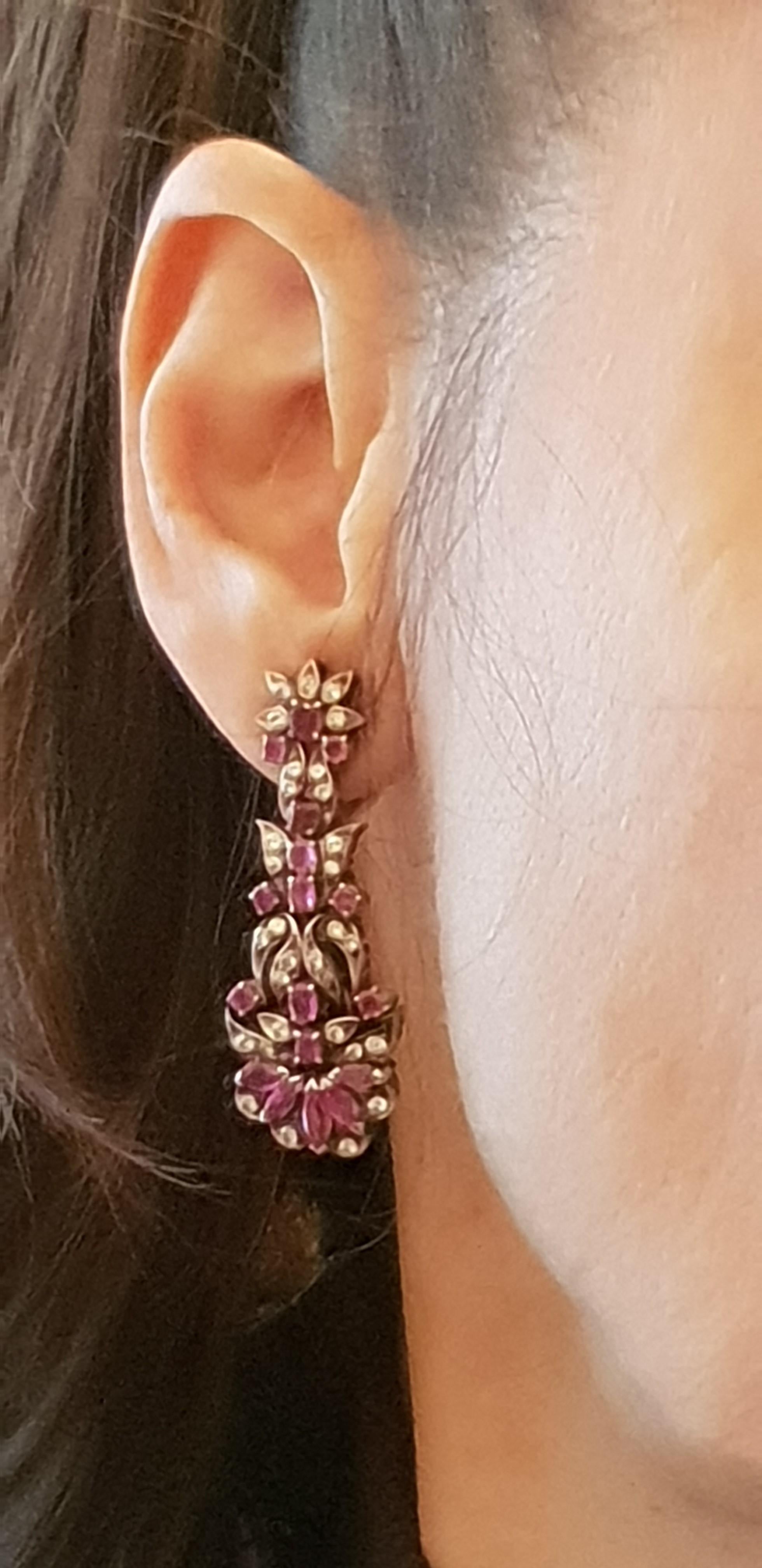 1920s Pink Sapphire Diamond Silver Dangle Earrings For Sale 1