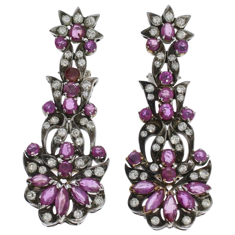 1920s Pink Sapphire Diamond Silver Dangle Earrings For Sale