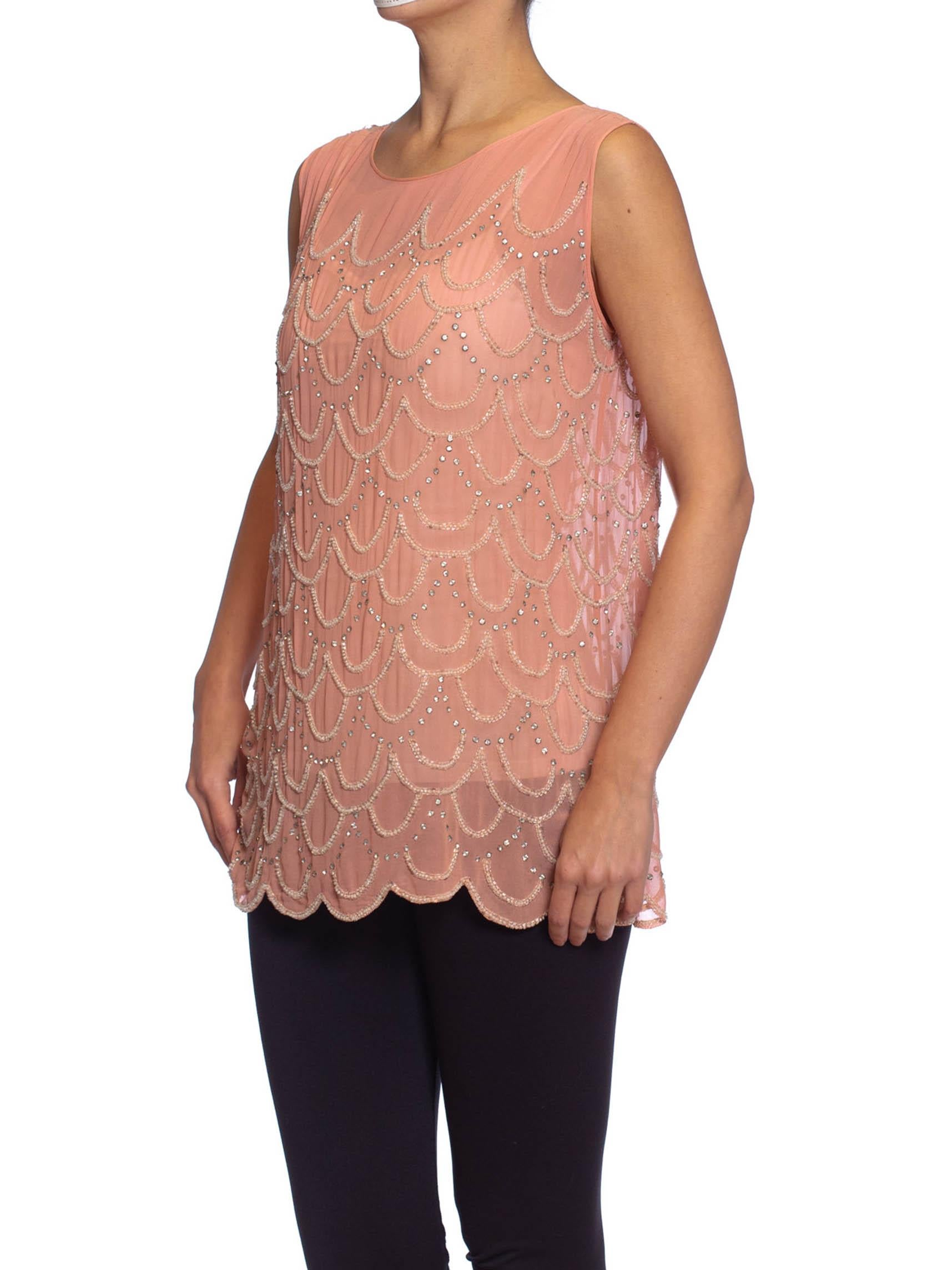 1920S Pink Silk Chiffon Scalloped Crystal Beaded Sleeveless Shell Top For Sale 2