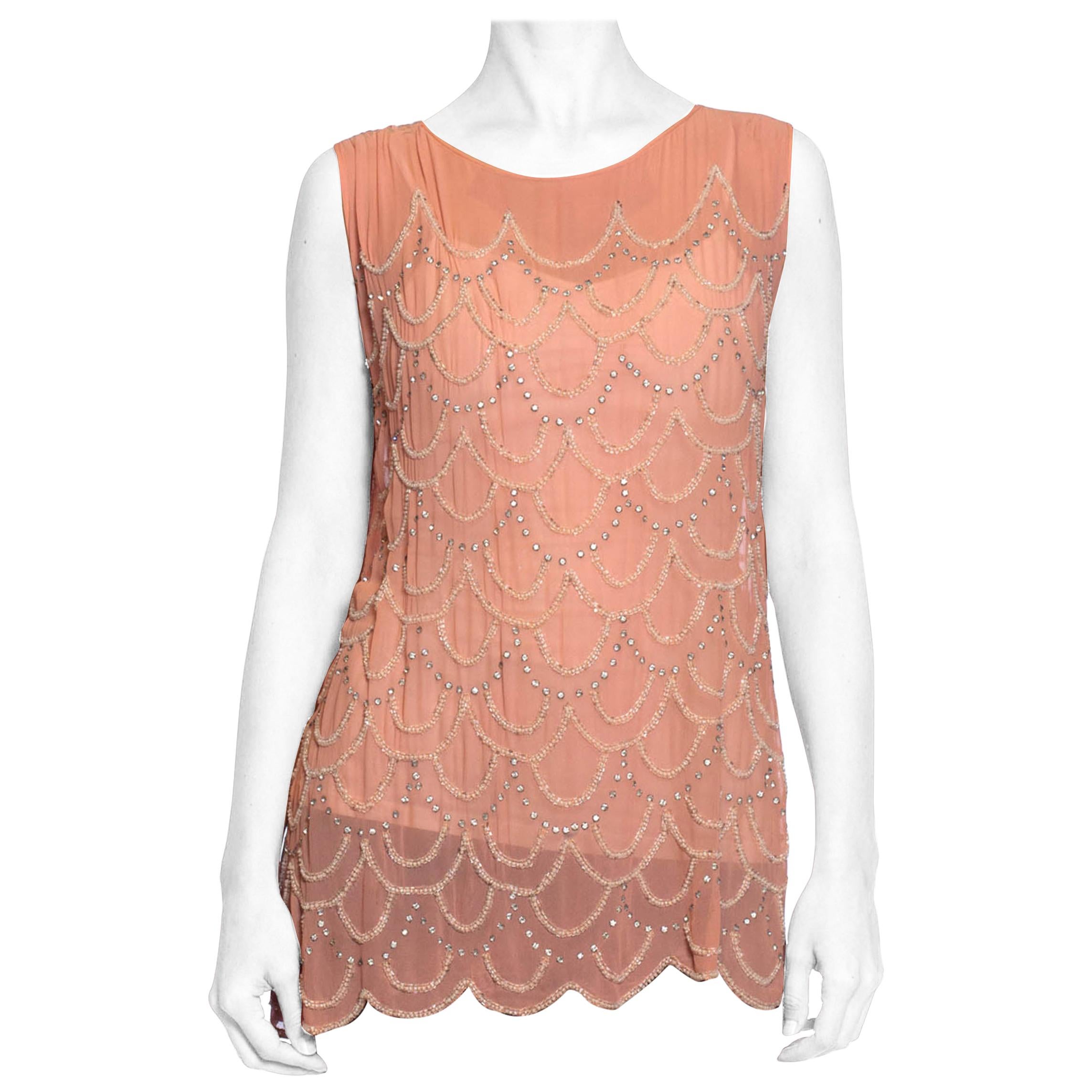 1920S Pink Silk Chiffon Scalloped Crystal Beaded Sleeveless Shell Top