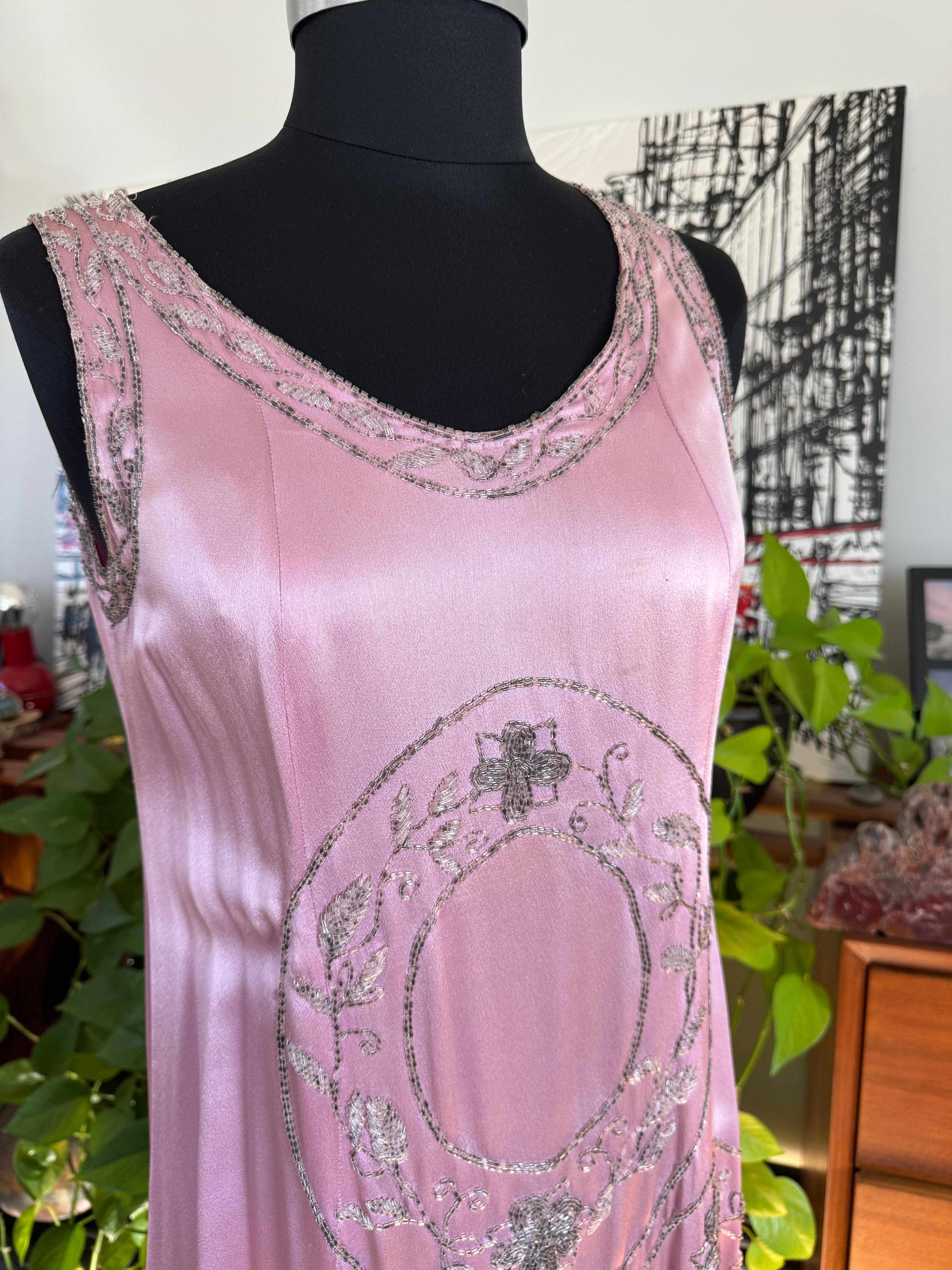 Women's Pink Silk Dress Hand Beaded 