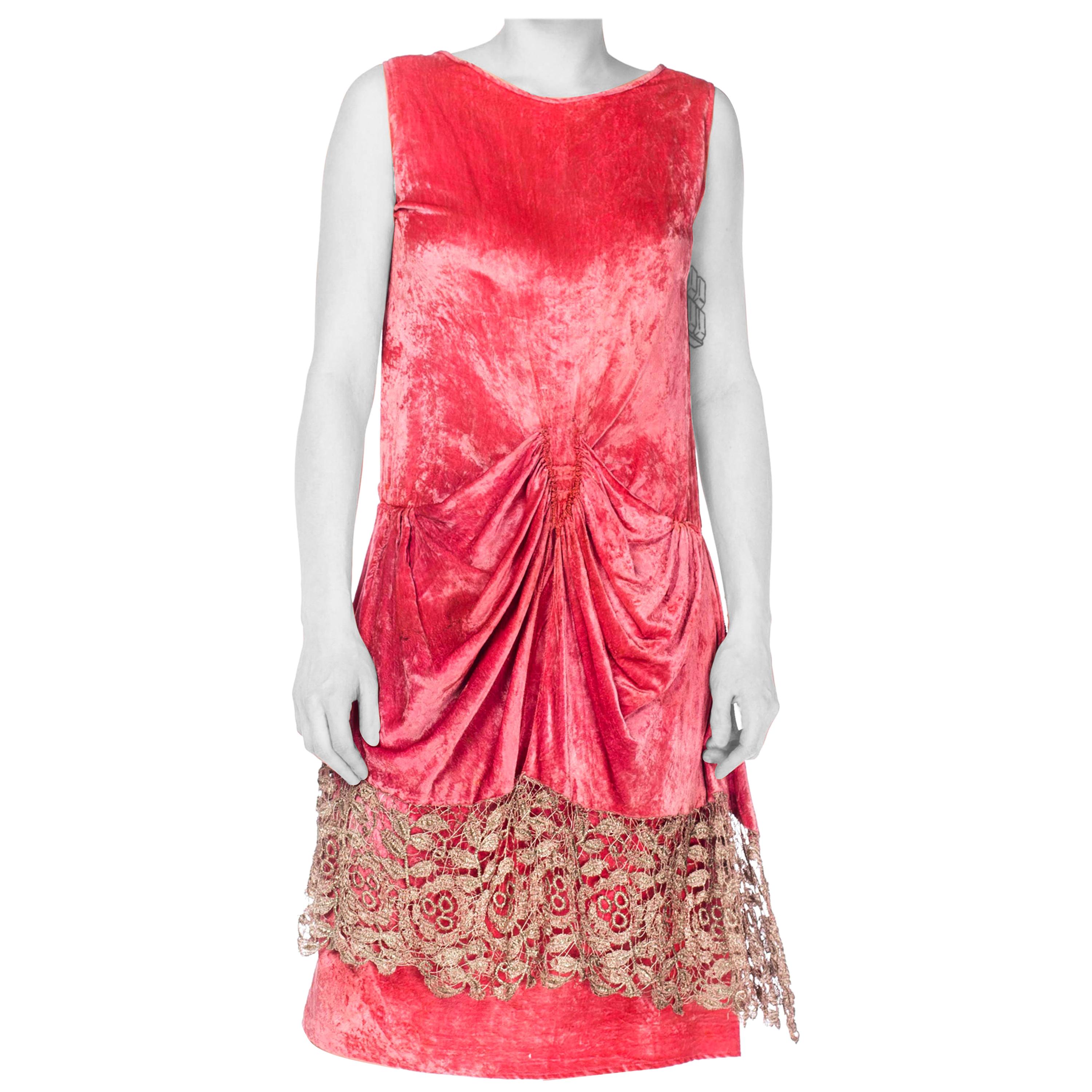 1920S Pink Silk Velvet Draped Cocktail Dress With Silver Lame Lace For Sale