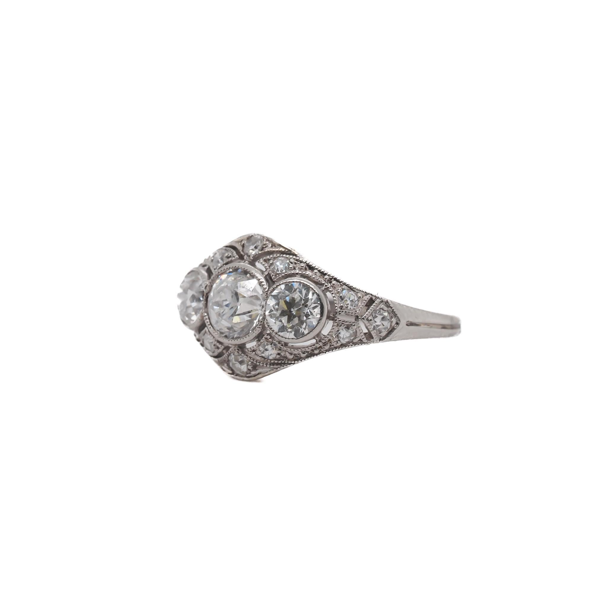 1920s Platinum 3 Stone Old European Diamond Engagement Ring - VEG#26b

Item Details:
Year: 1920s
Ring Size: 6
Metal Type: Platinum [Hallmarked, and Tested]
Weight: 2.6 grams

Diamond Details: 1.50ct total weight, Old European Brilliant, F-G Color,