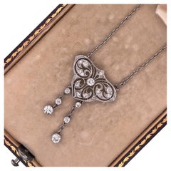 1920s Platinum Art Deco Filigree Old European Cut Diamond Drop Necklace