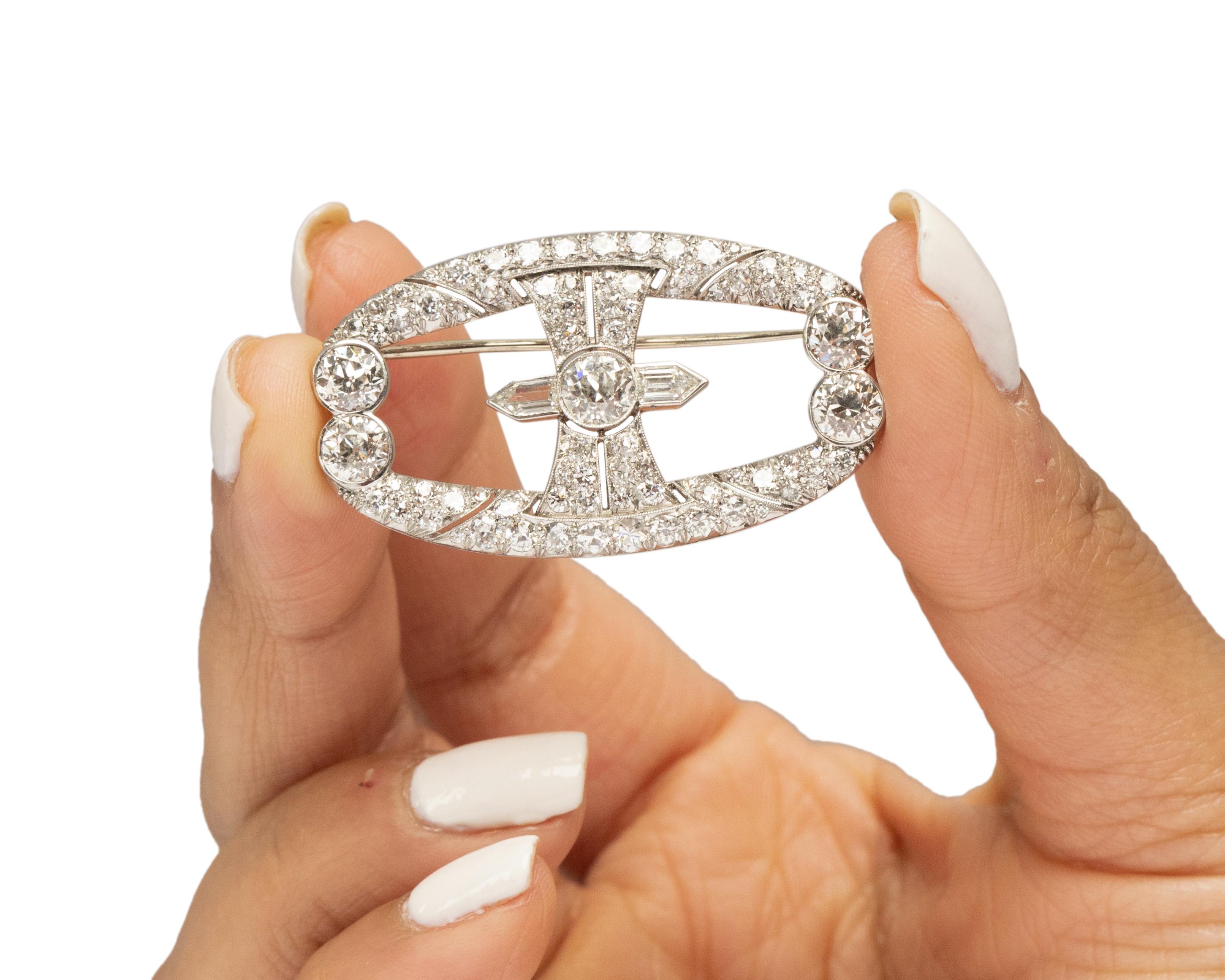 1920s Platinum Art Deco Geometric Old European Diamond Brooch In Excellent Condition For Sale In Hicksville, NY
