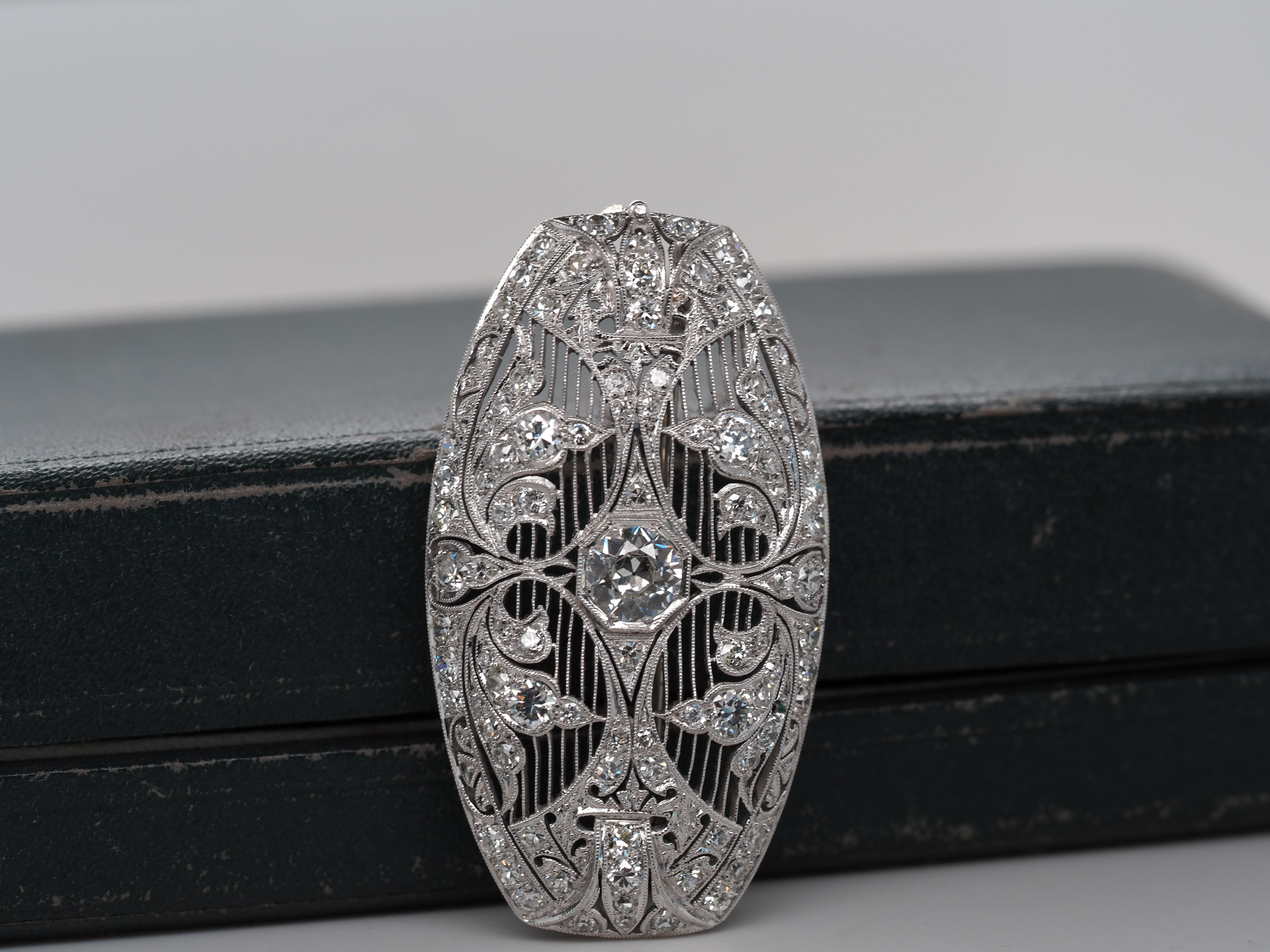 Women's or Men's 1920s Platinum Art Deco Old European Cut Diamond Pendant and Brooch For Sale
