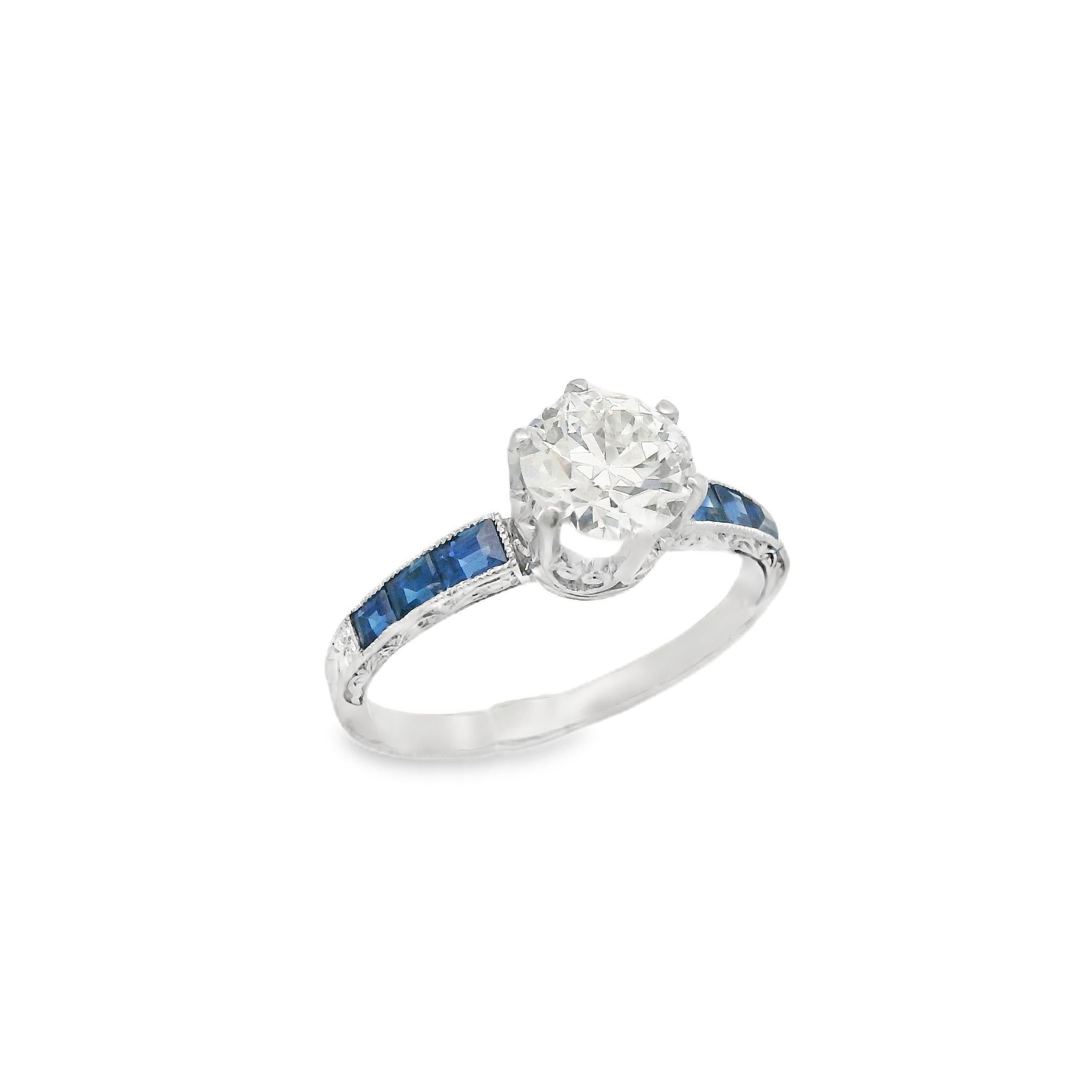 1920s Platinum Art Deco Sapphire & Diamond Engraved  Engagement Ring In Good Condition For Sale In Lexington, KY