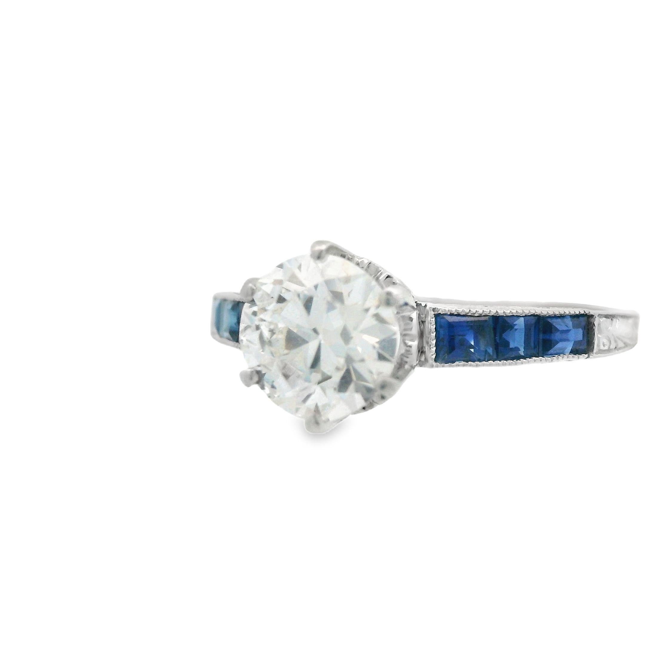 Women's 1920s Platinum Art Deco Sapphire & Diamond Engraved  Engagement Ring For Sale