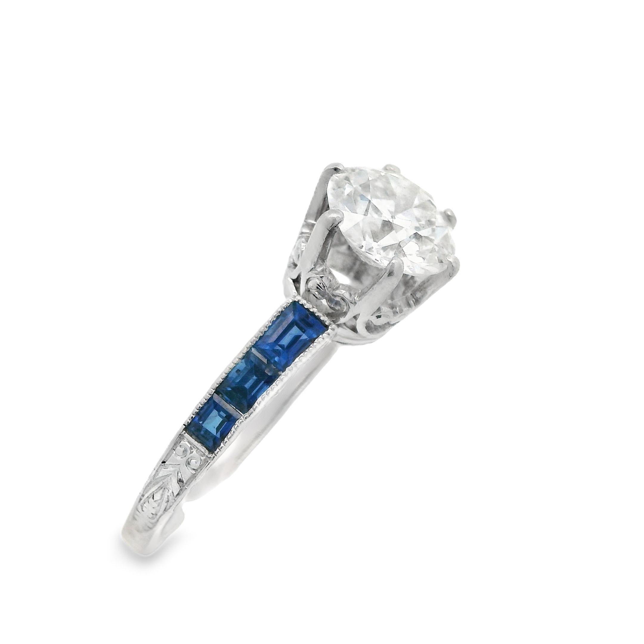1920s Platinum Art Deco Sapphire & Diamond Engraved  Engagement Ring For Sale 1