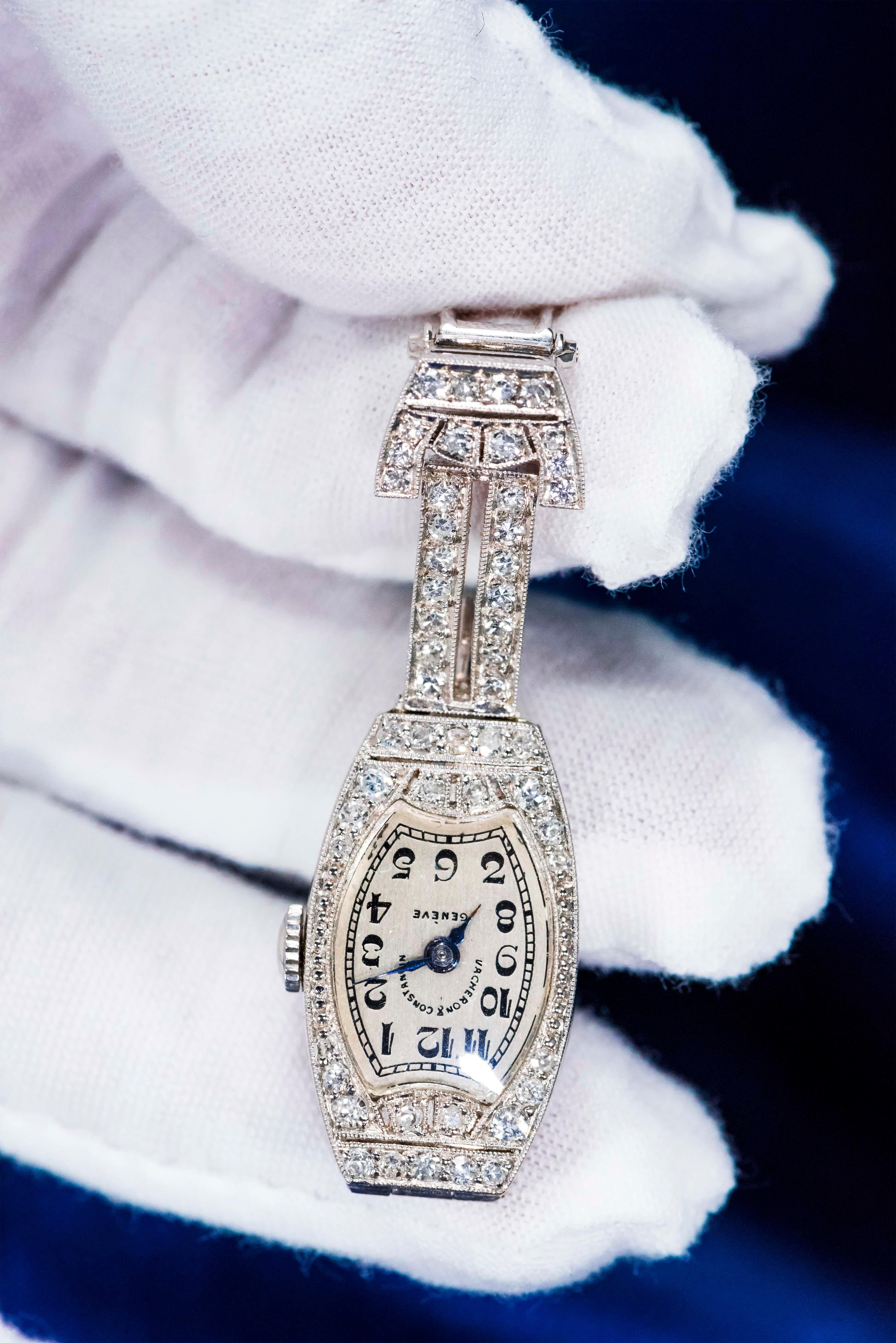 Timepiece Dimensions:
43mm Top to Bottom 
15mm at the Widest Part

The present timepiece is a very rare example of some the finest work by the firm Vacheron Constantin in the 1920s. During this time frame, style was often displayed on jacket lapels