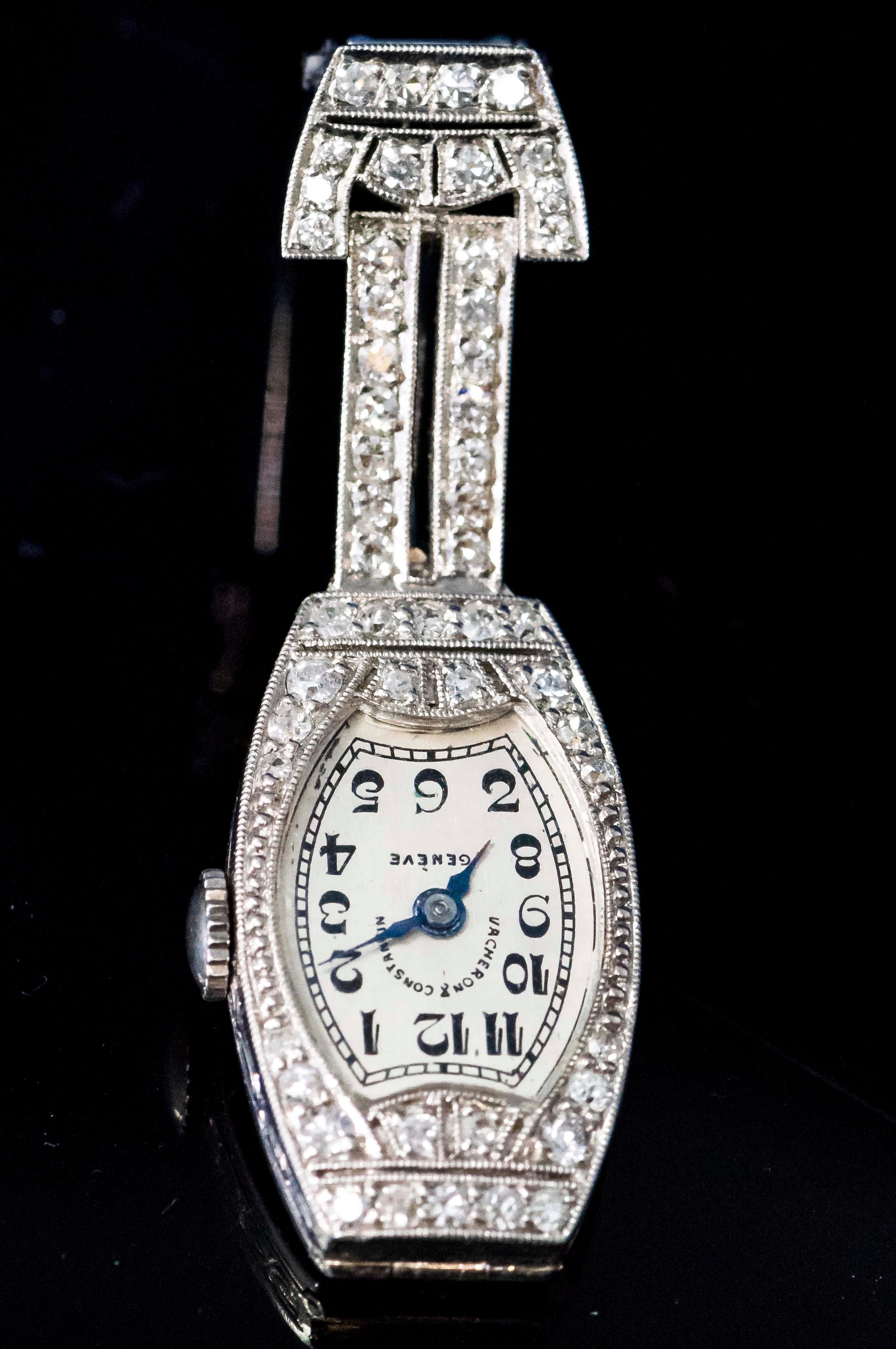 Round Cut 1920s Platinum Art Deco Vacheron Constantin Diamond Set Lapel or Necklace Watch For Sale