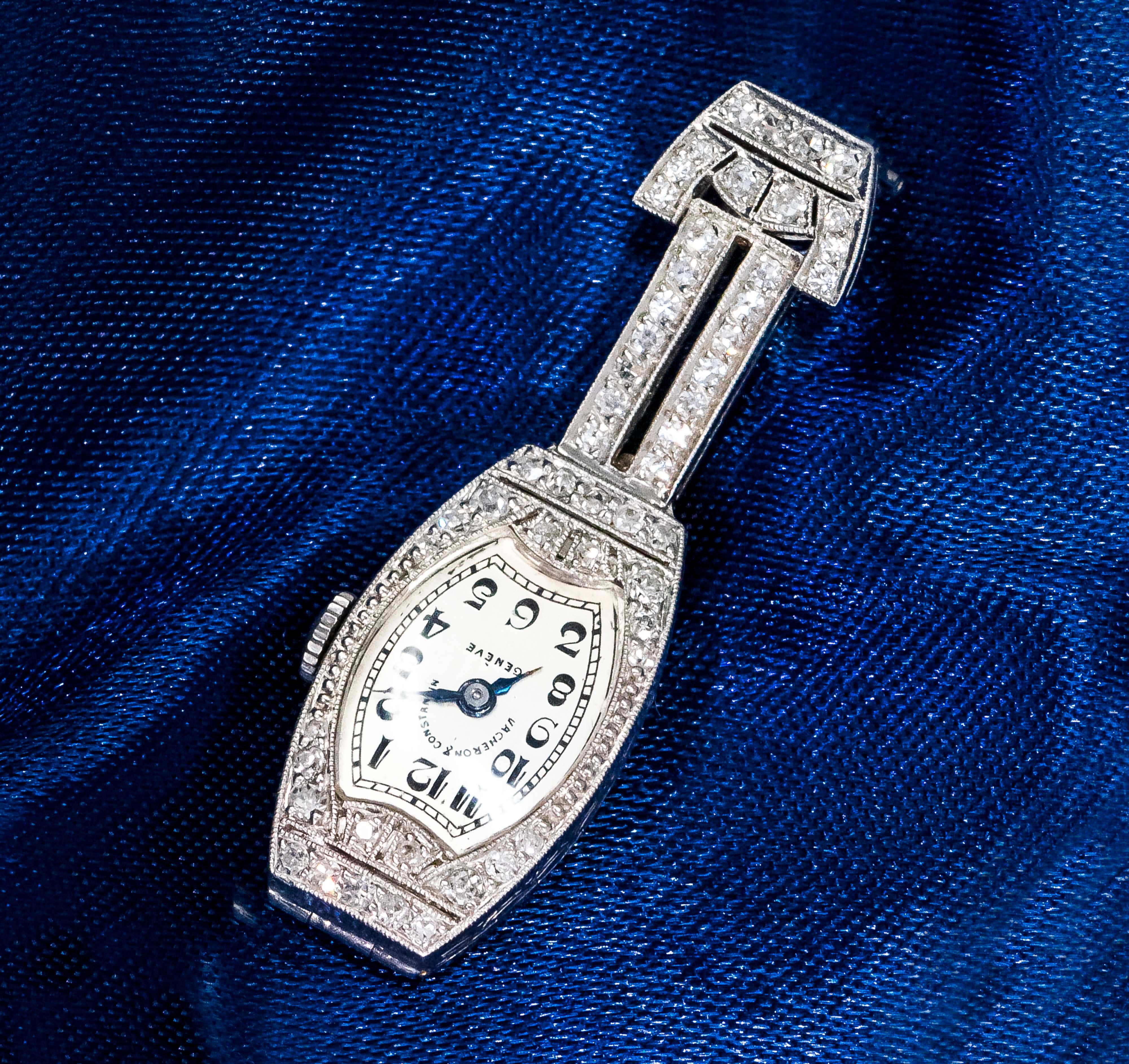 Women's or Men's 1920s Platinum Art Deco Vacheron Constantin Diamond Set Lapel or Necklace Watch For Sale