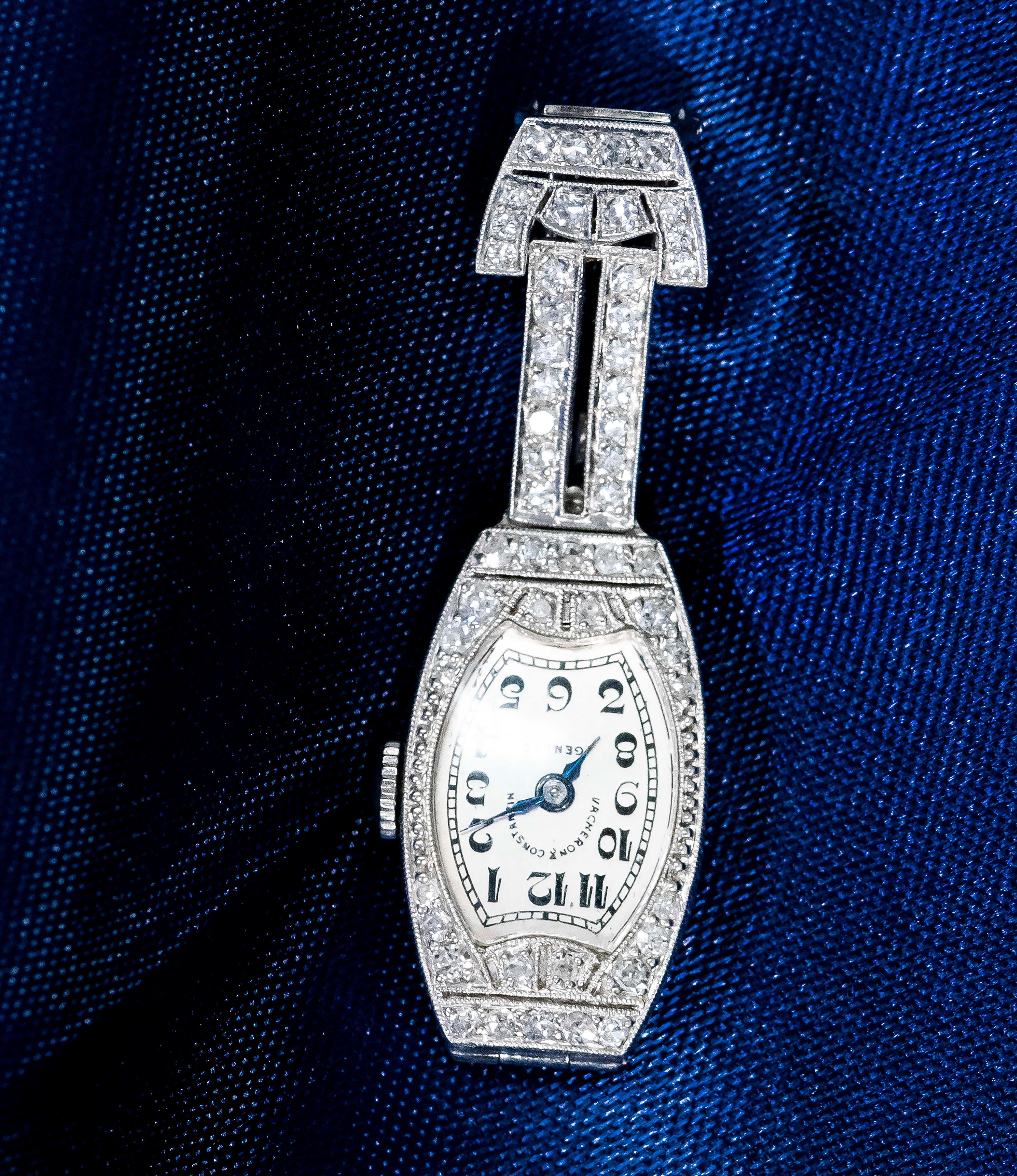 1920s Platinum Art Deco Vacheron Constantin Diamond Set Lapel or Necklace Watch For Sale 1
