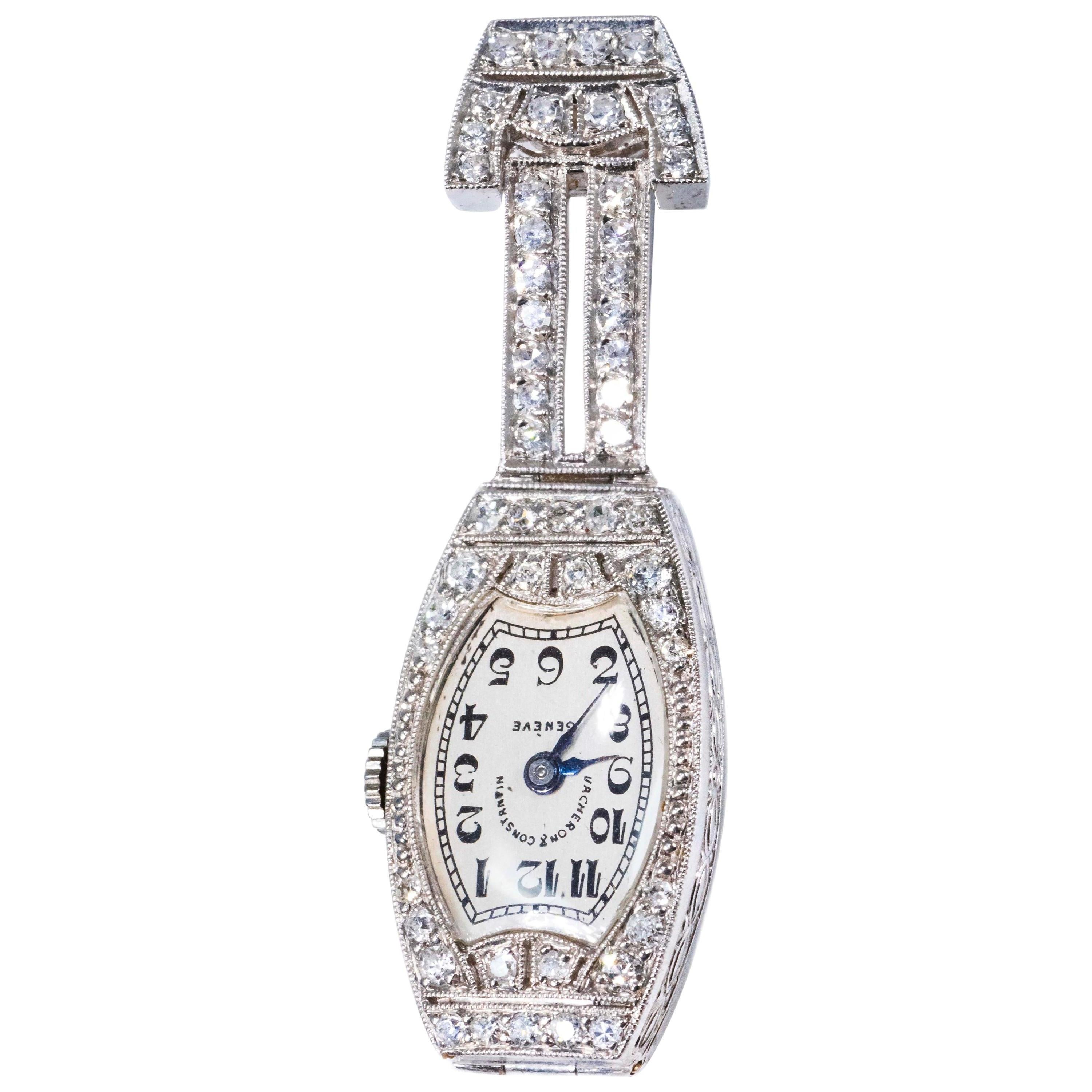 1920s Platinum Art Deco Vacheron Constantin Diamond Set Lapel or Necklace Watch