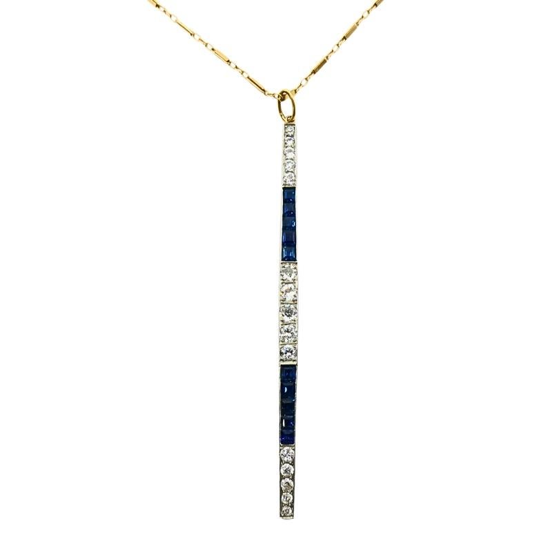 Taglio misto Collana a barre in platino degli anni '20 con zaffiro e diamante e catena in oro 14k in vendita