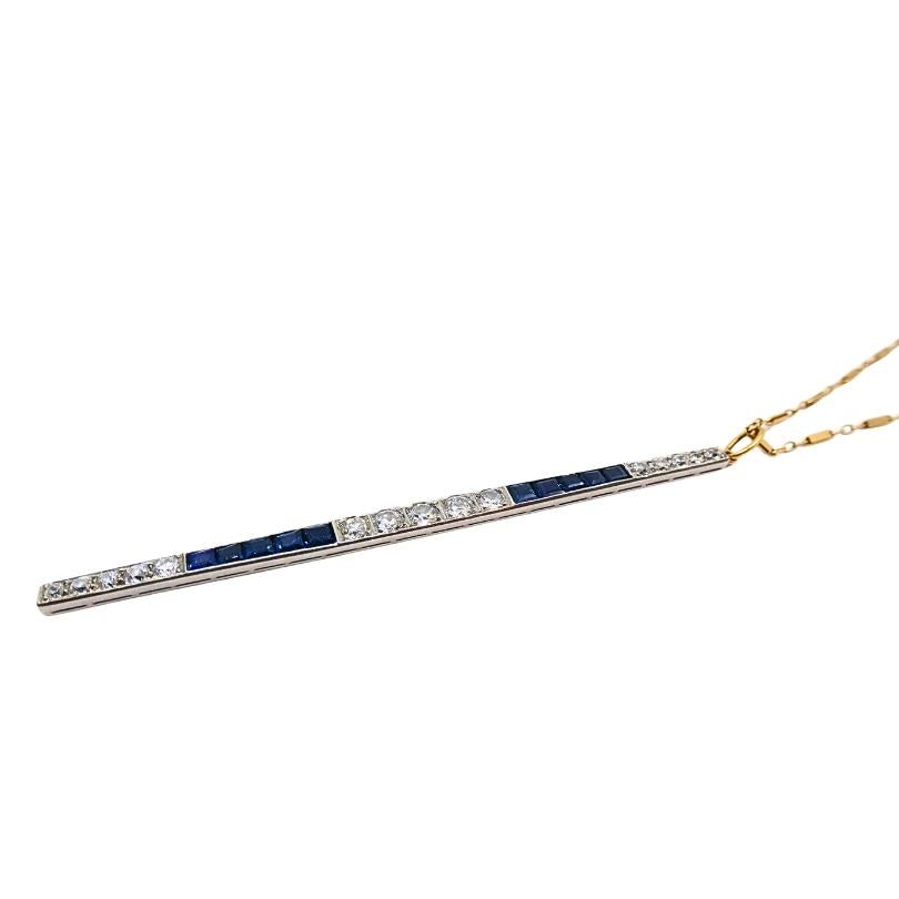 Collana a barre in platino degli anni '20 con zaffiro e diamante e catena in oro 14k In condizioni buone in vendita a Beverly Hills, CA