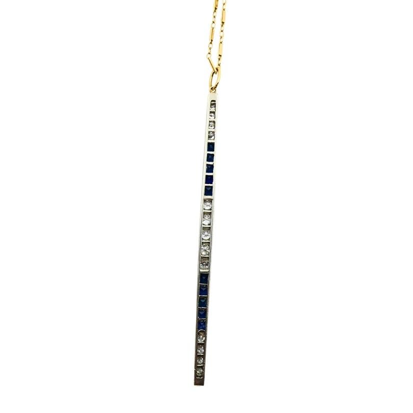 Donna Collana a barre in platino degli anni '20 con zaffiro e diamante e catena in oro 14k in vendita