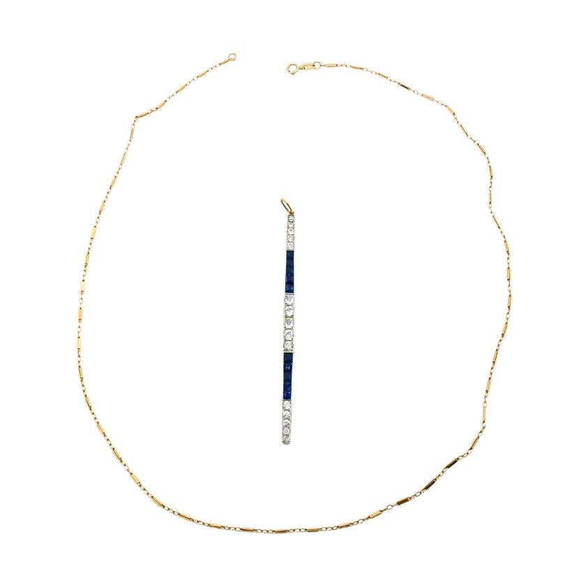 Collana a barre in platino degli anni '20 con zaffiro e diamante e catena in oro 14k in vendita 1